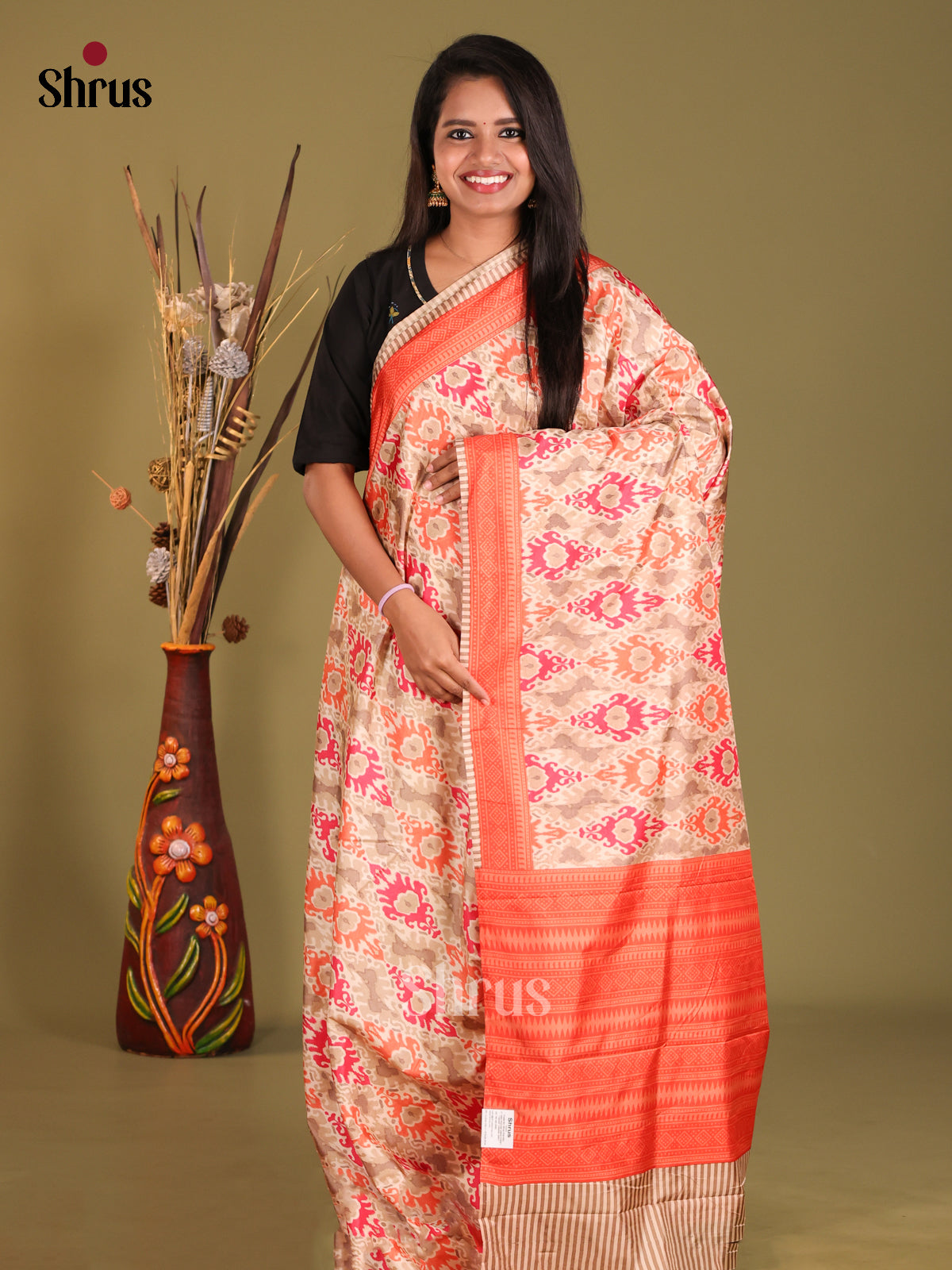 Cream & Orange - Semi Tussar Saree