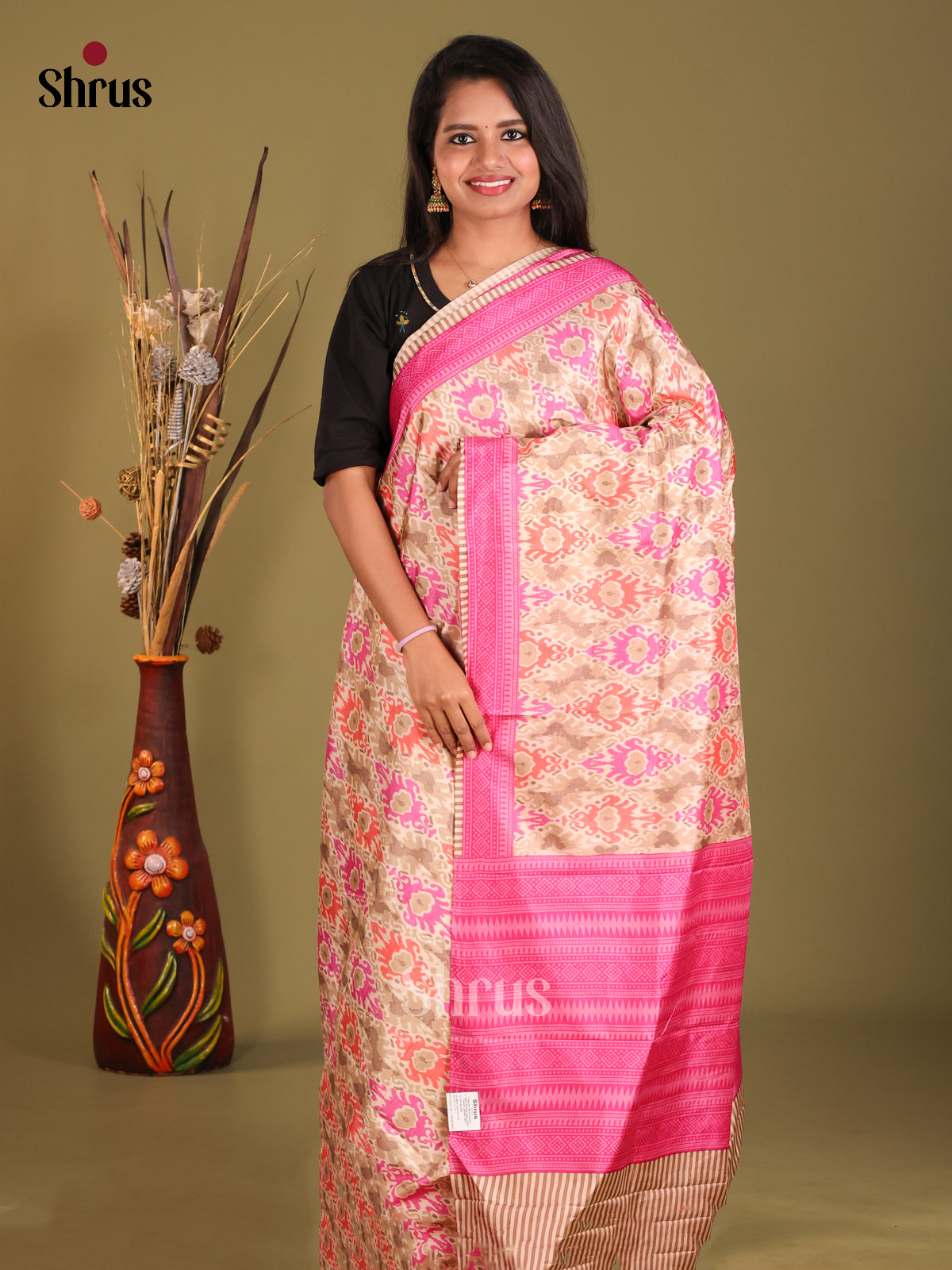 Cream & Pink - Semi Tussar Saree
