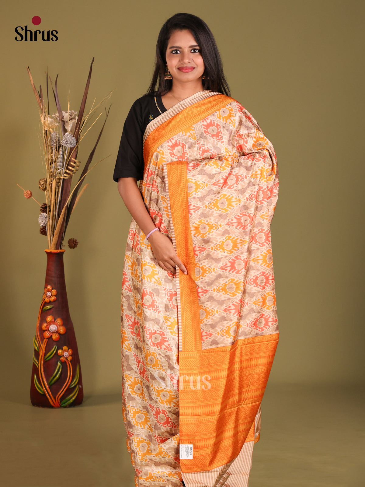 Cream & Orange - Semi Tussar Saree