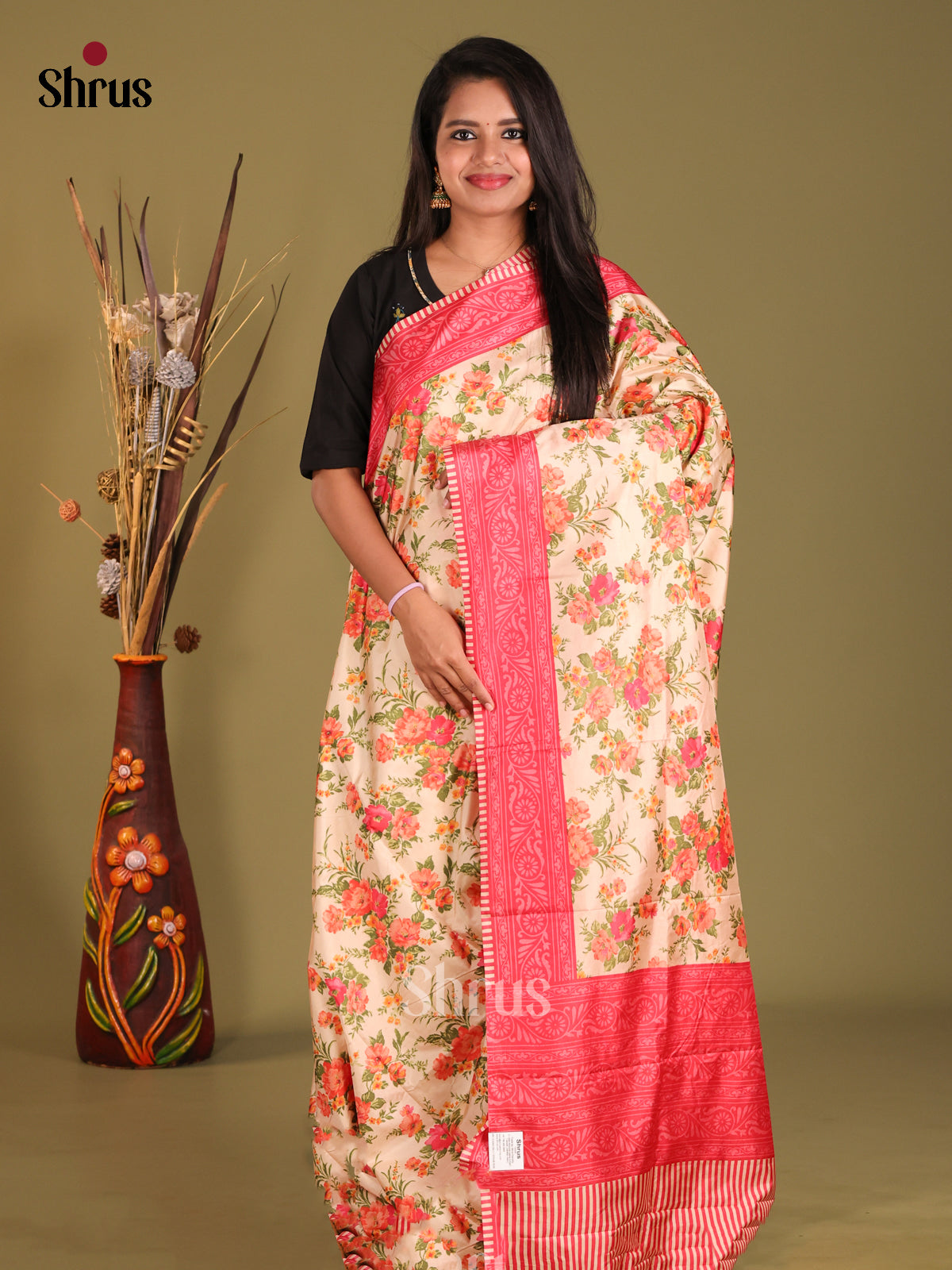 Cream & Pink - Semi Tussar Saree - Shop on Shrus.com
