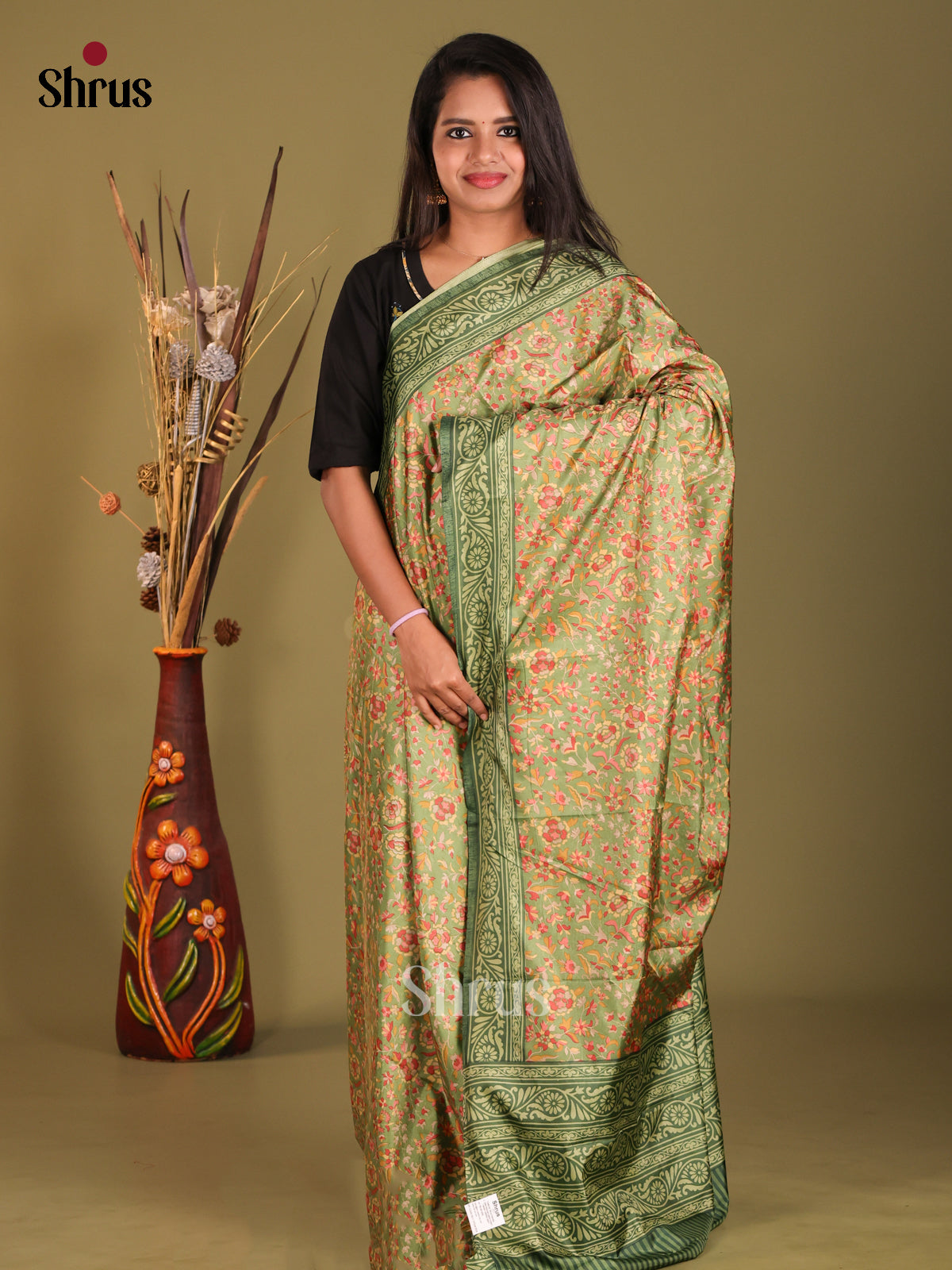 Green- Semi Tussar Saree - Shop on Shrus.com