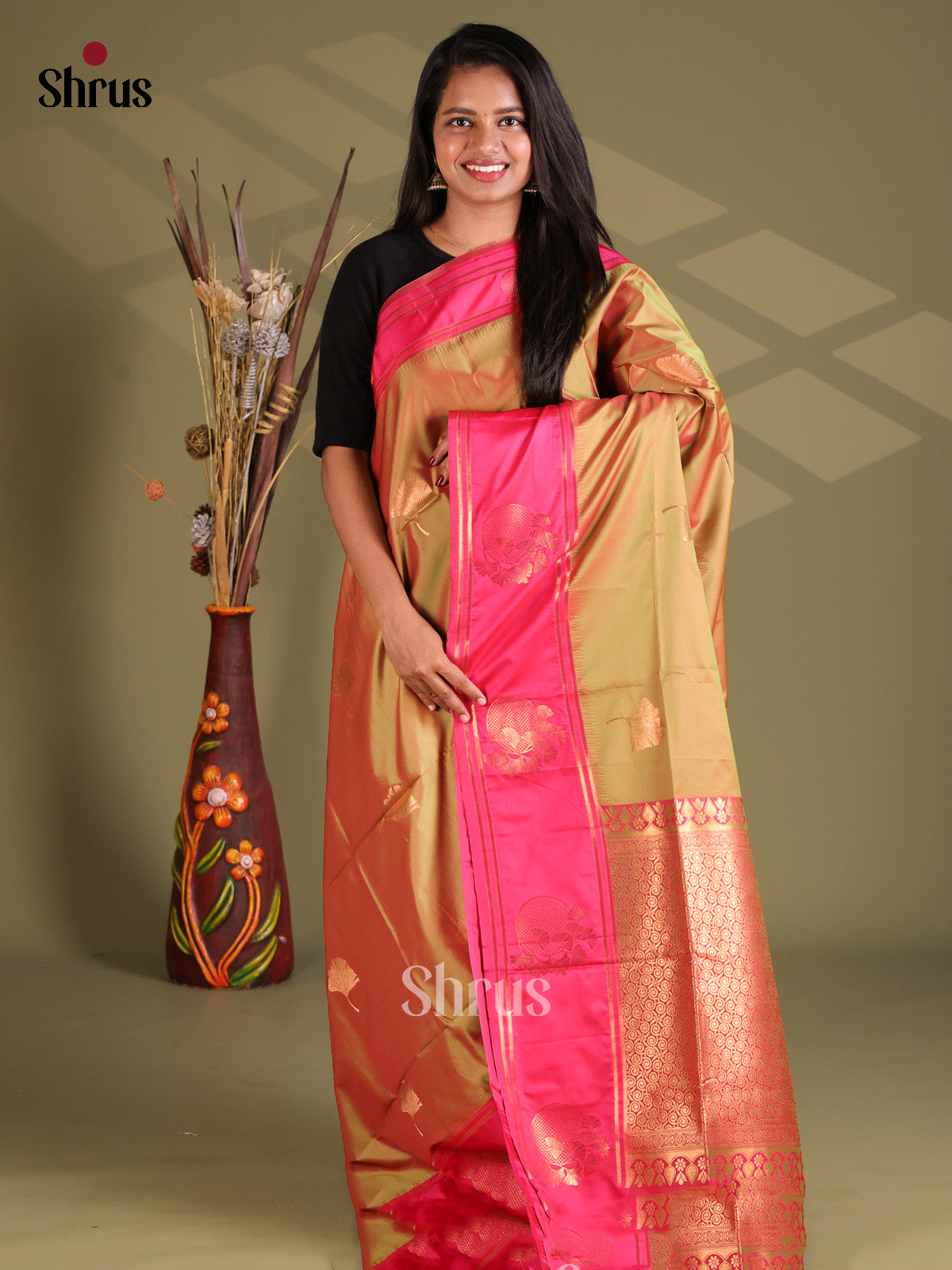Double Shaded Green & Pink - Semi Soft Silk Saree - Shop on Shrus.com
