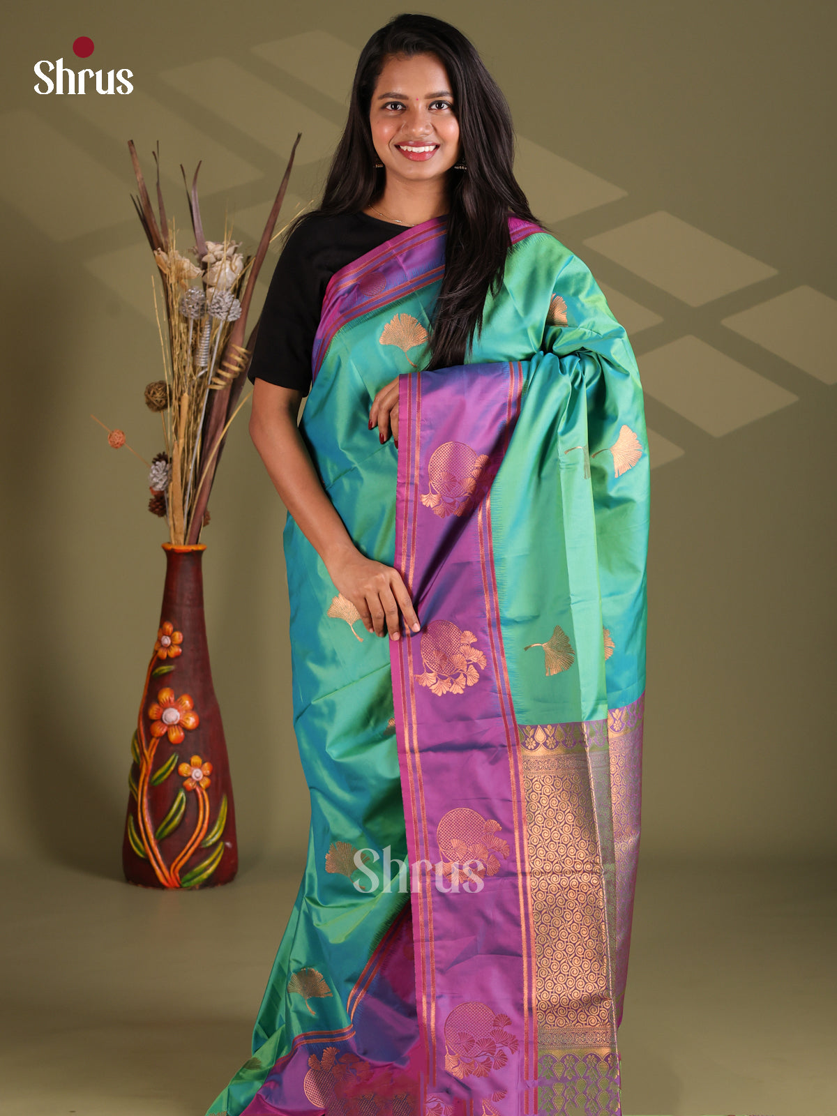 Green & Purple - Semi Softsilk Saree - Shop on Shrus.com