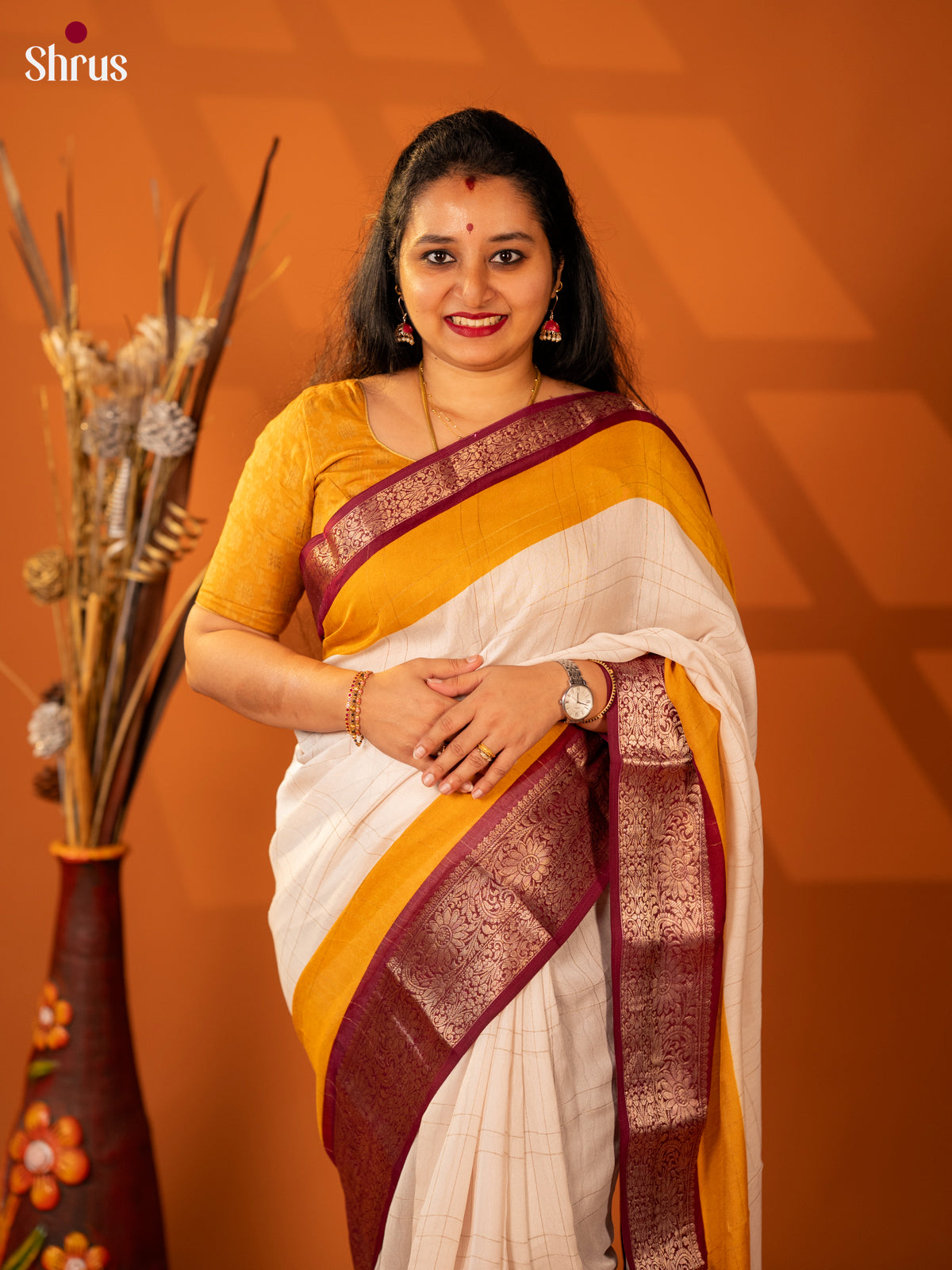 Cream & Maroon - Semi Mysore silk saree