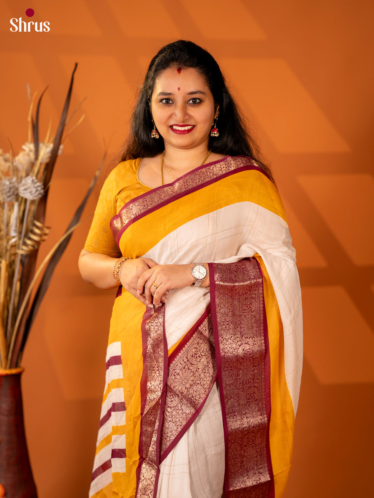 Cream & Maroon - Semi Mysore silk saree