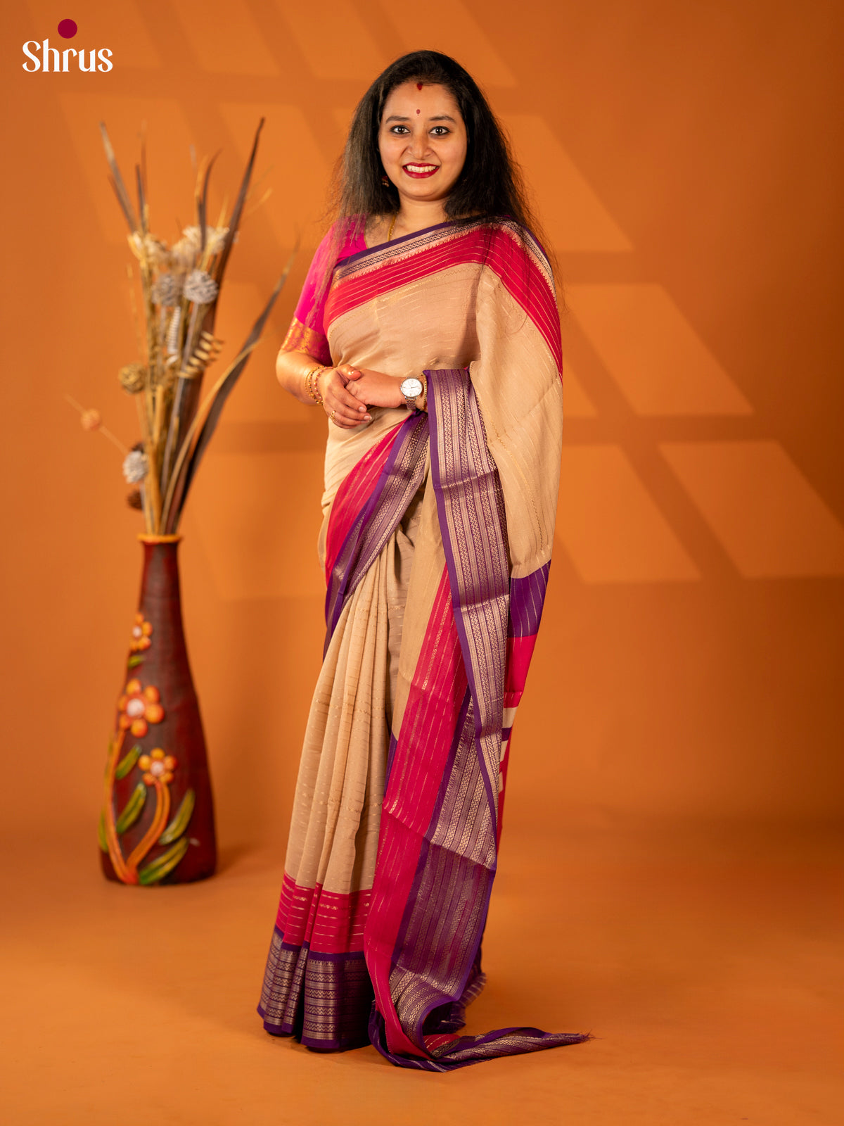 Beige & Purple - Semi Mysore silk saree