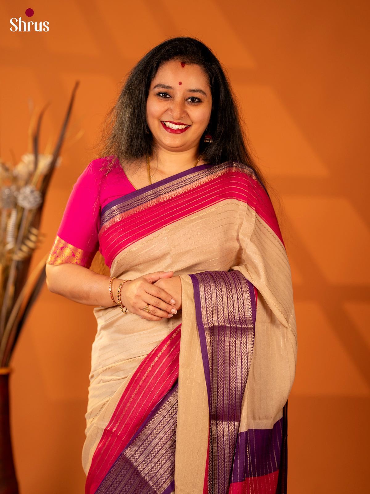 Beige & Purple - Semi Mysore silk saree