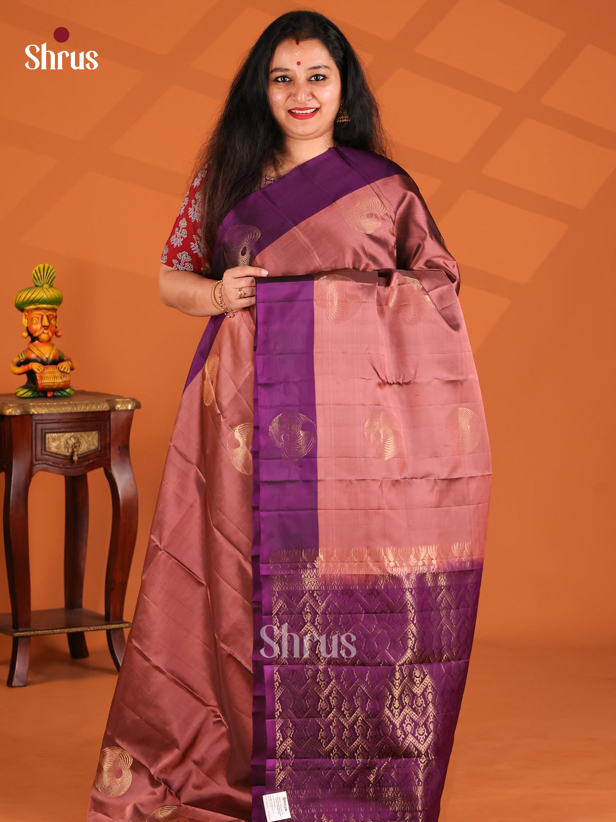 Regal Brown Softsilk-halfpure Saree with Violet floral Brocade pallu - Shop on Shrus.com