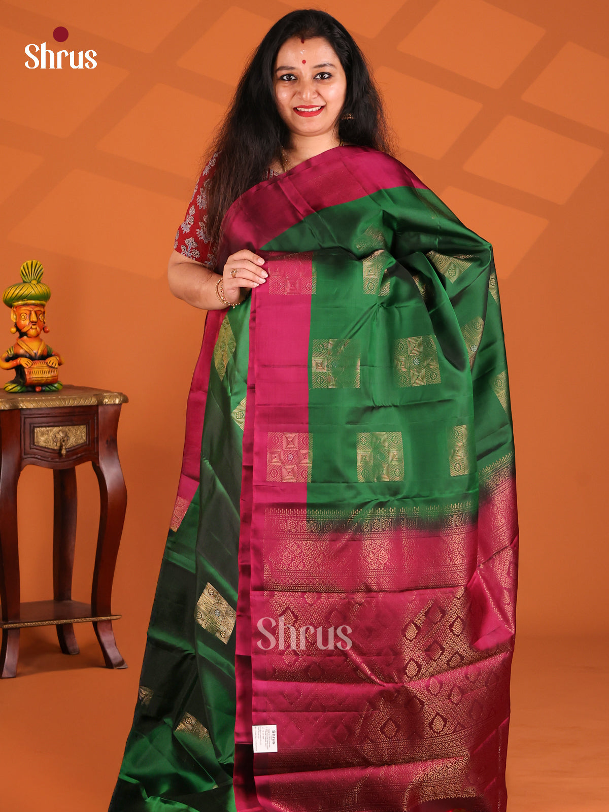 Ethereal Green Softsilk-halfpure Saree with rold zari floral block motifs - Shop on Shrus.com
