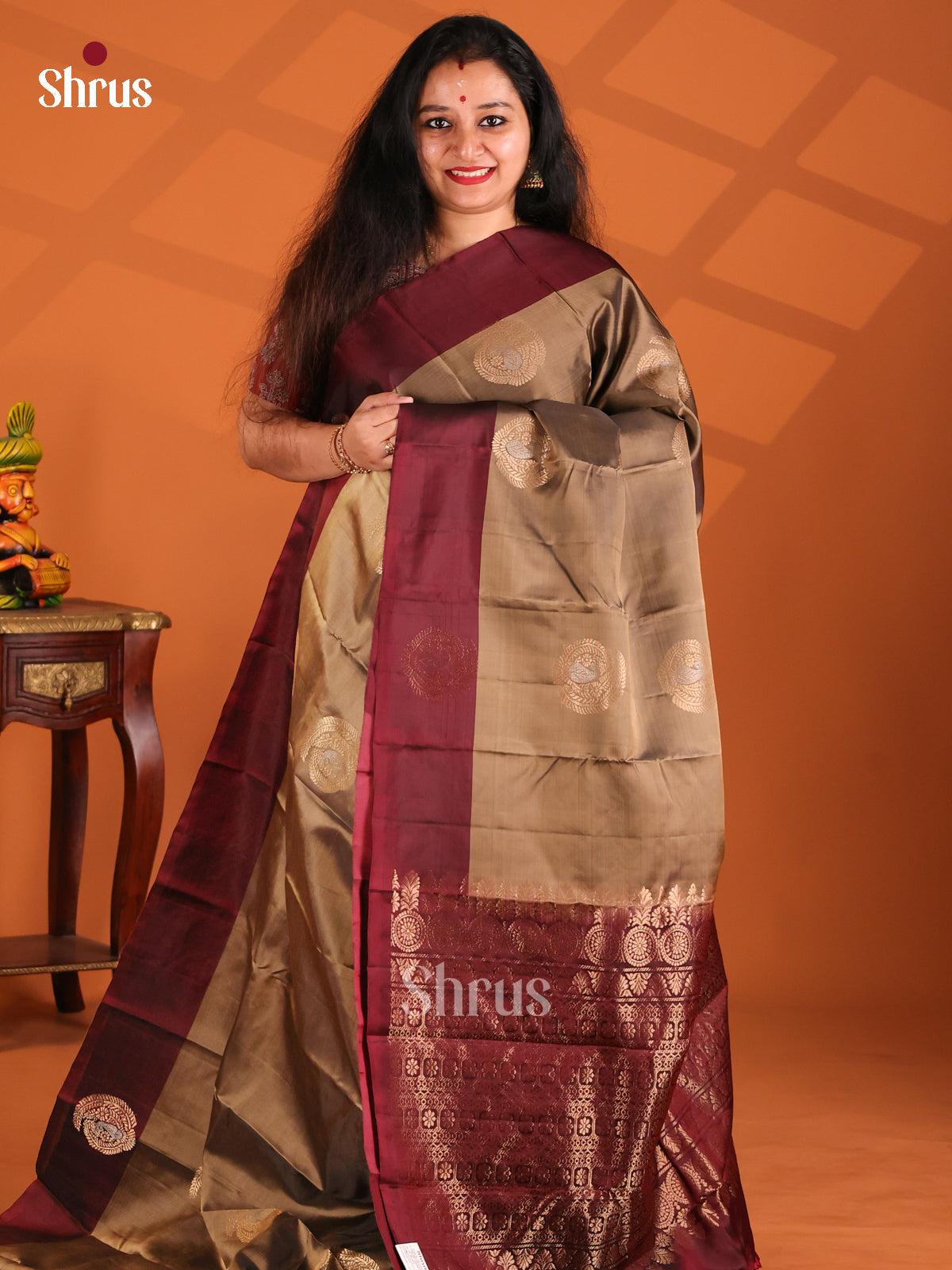 Vivacious Light Brown Softsilk-halfpure Saree with gold , silver zari paisleys motifs - Shop on Shrus.com