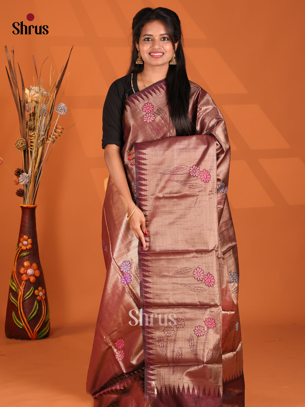 Maroon - Semi Jute Saree - Shop on Shrus.com
