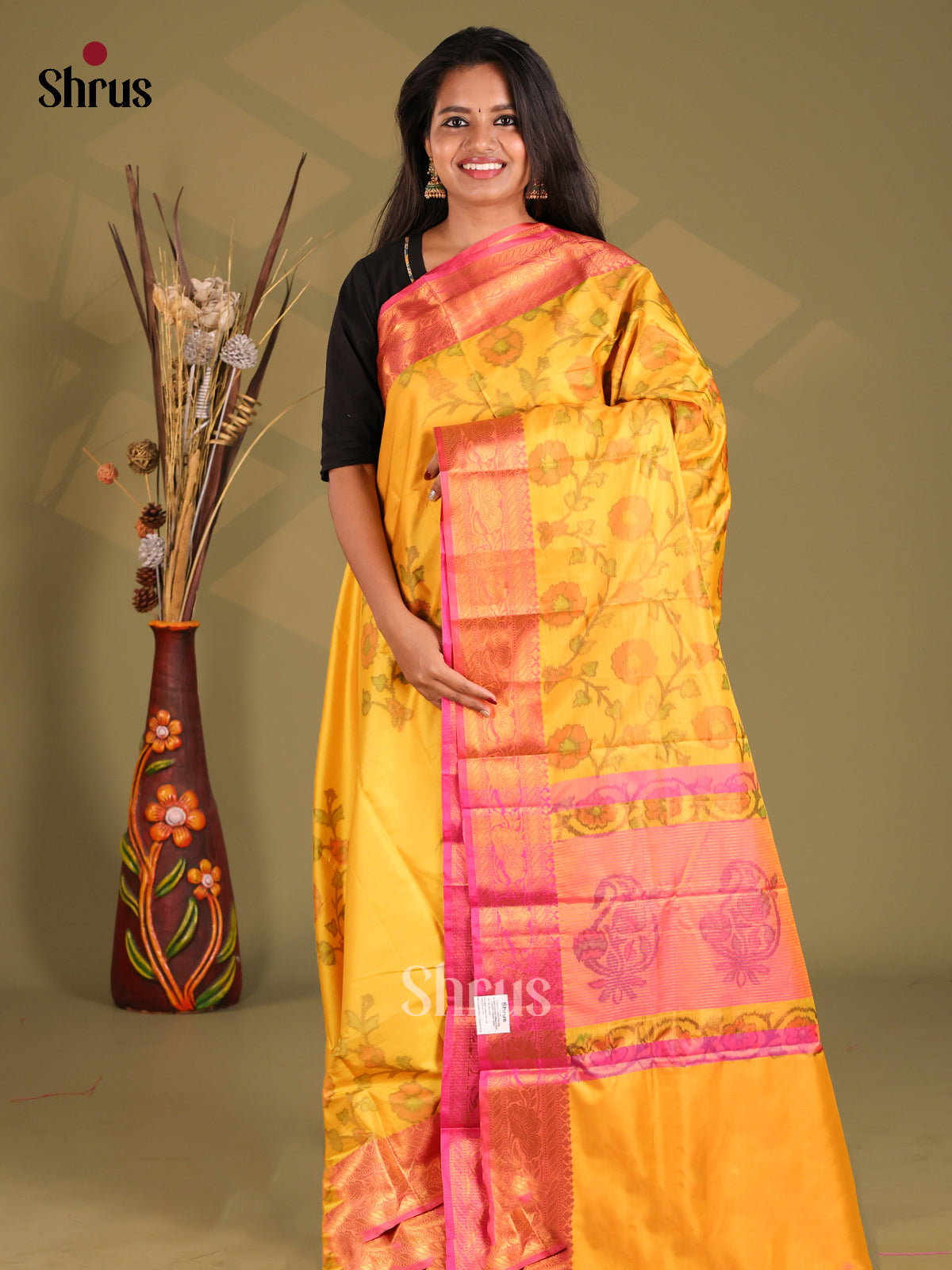 Yellow & Orange - Semi Pochampally Saree - Shop on Shrus.com