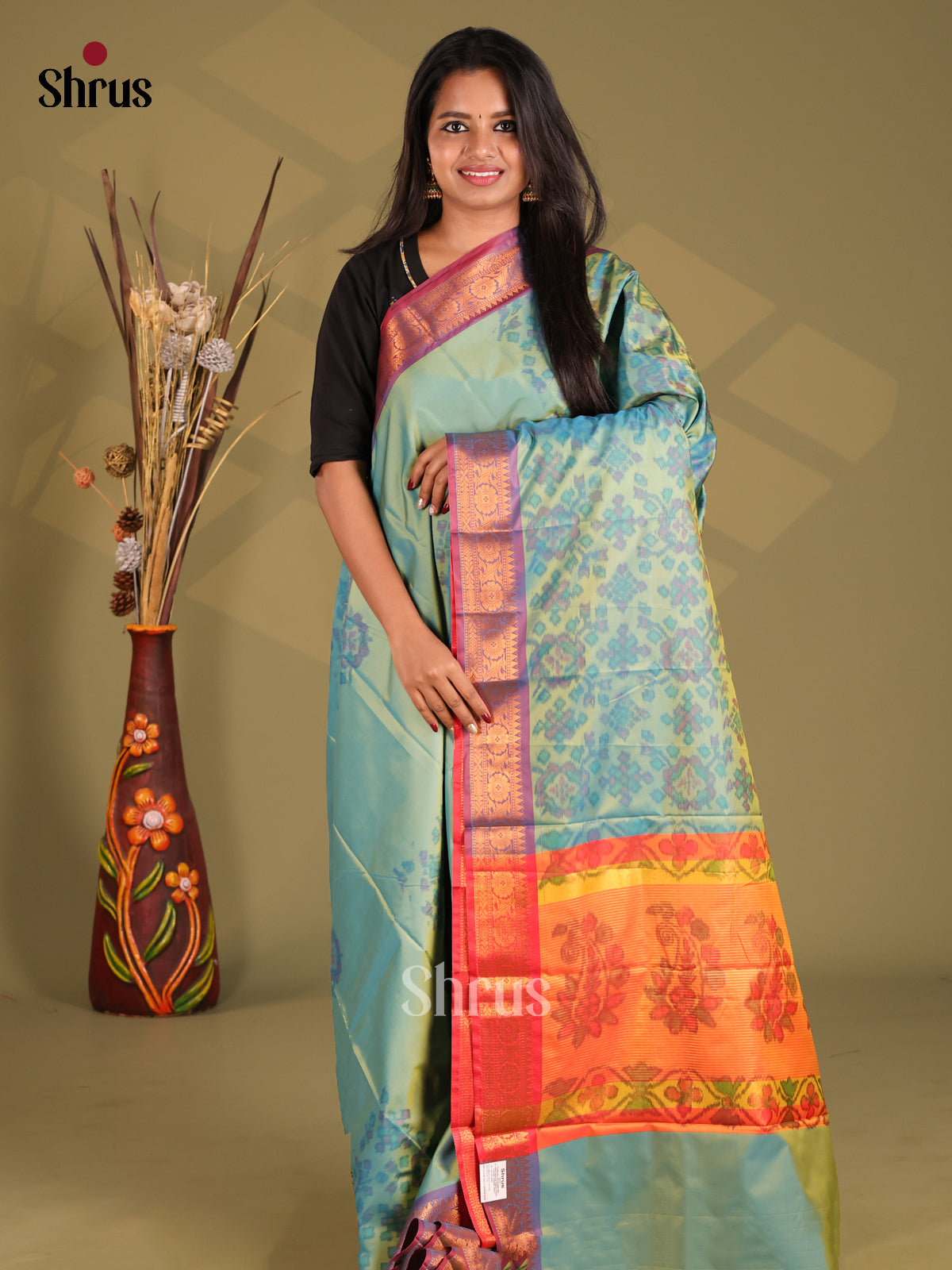 Blue & Orange - Semi Pochampally Saree