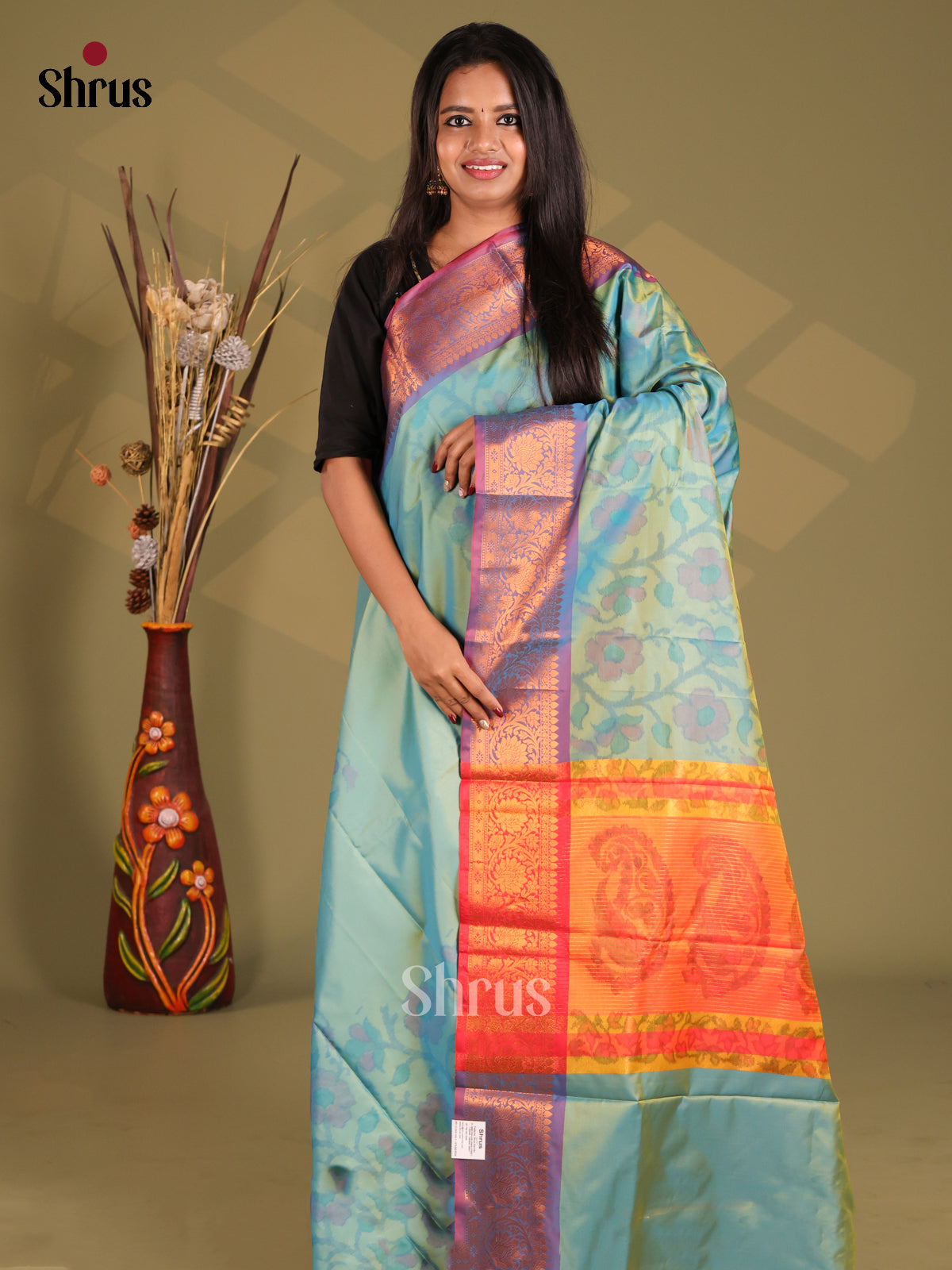 Blue & Orange - Semi Pochampally Saree