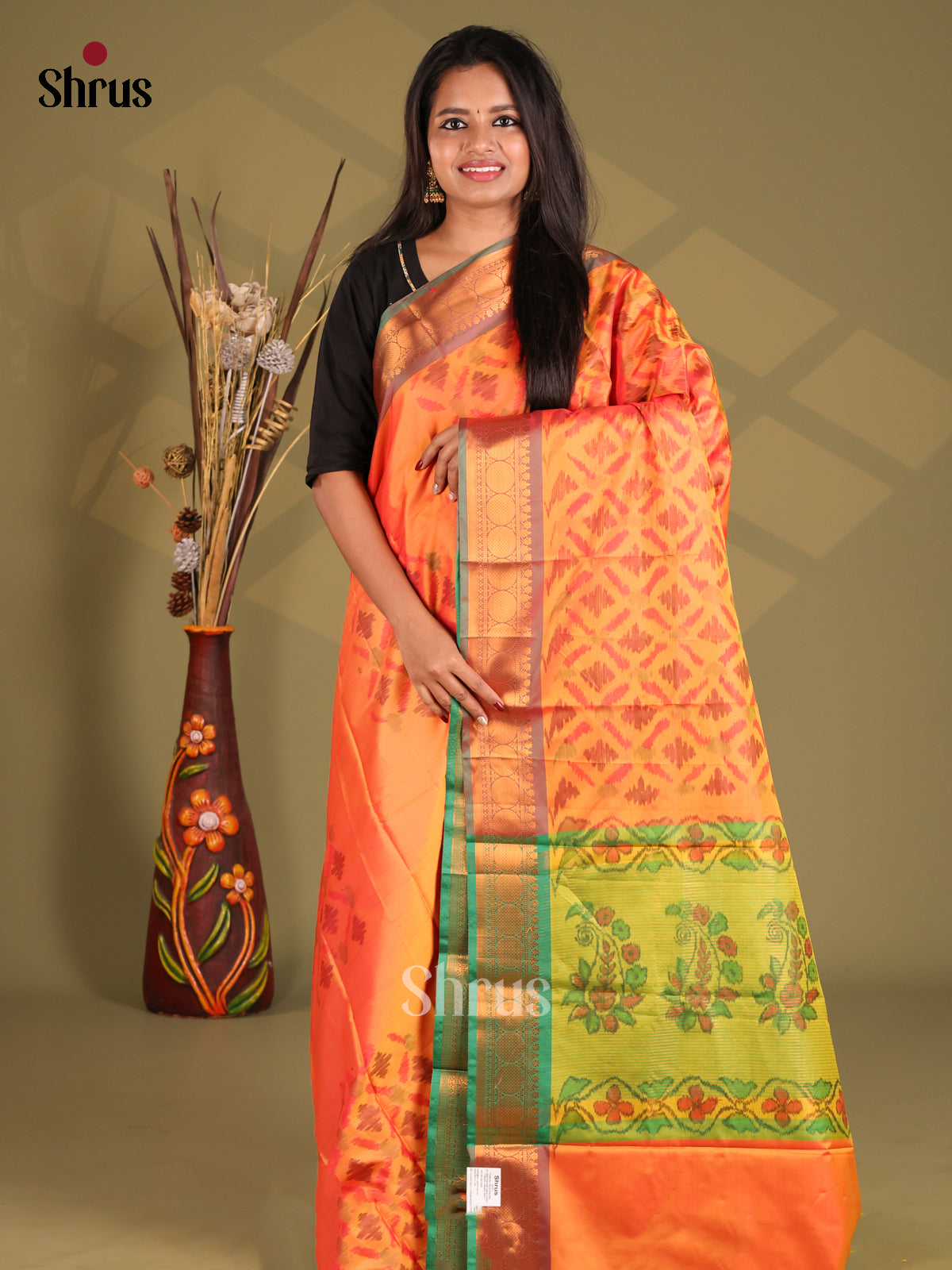 Orange & Green - Semi Pochampally Saree - Shop on Shrus.com