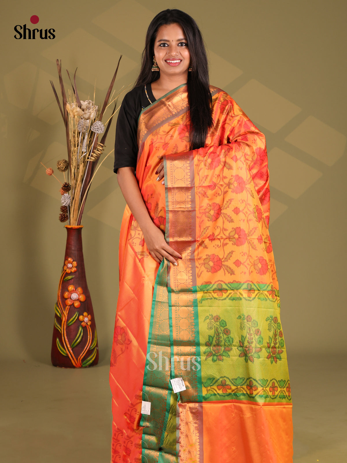 Orange & Green - Semi Pochampally Saree - Shop on Shrus.com