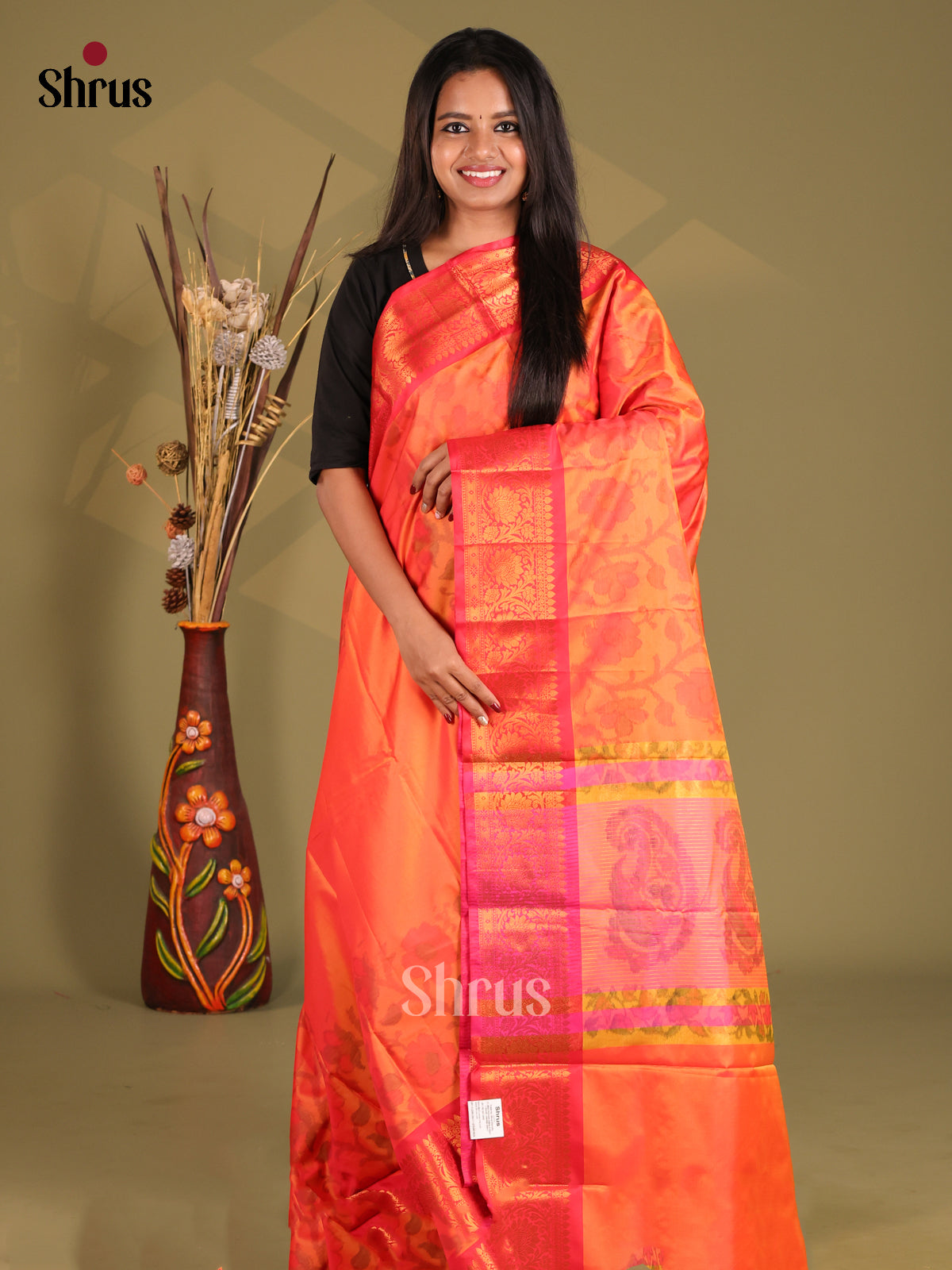Orange & pink - Semi Pochampally Saree - Shop on Shrus.com