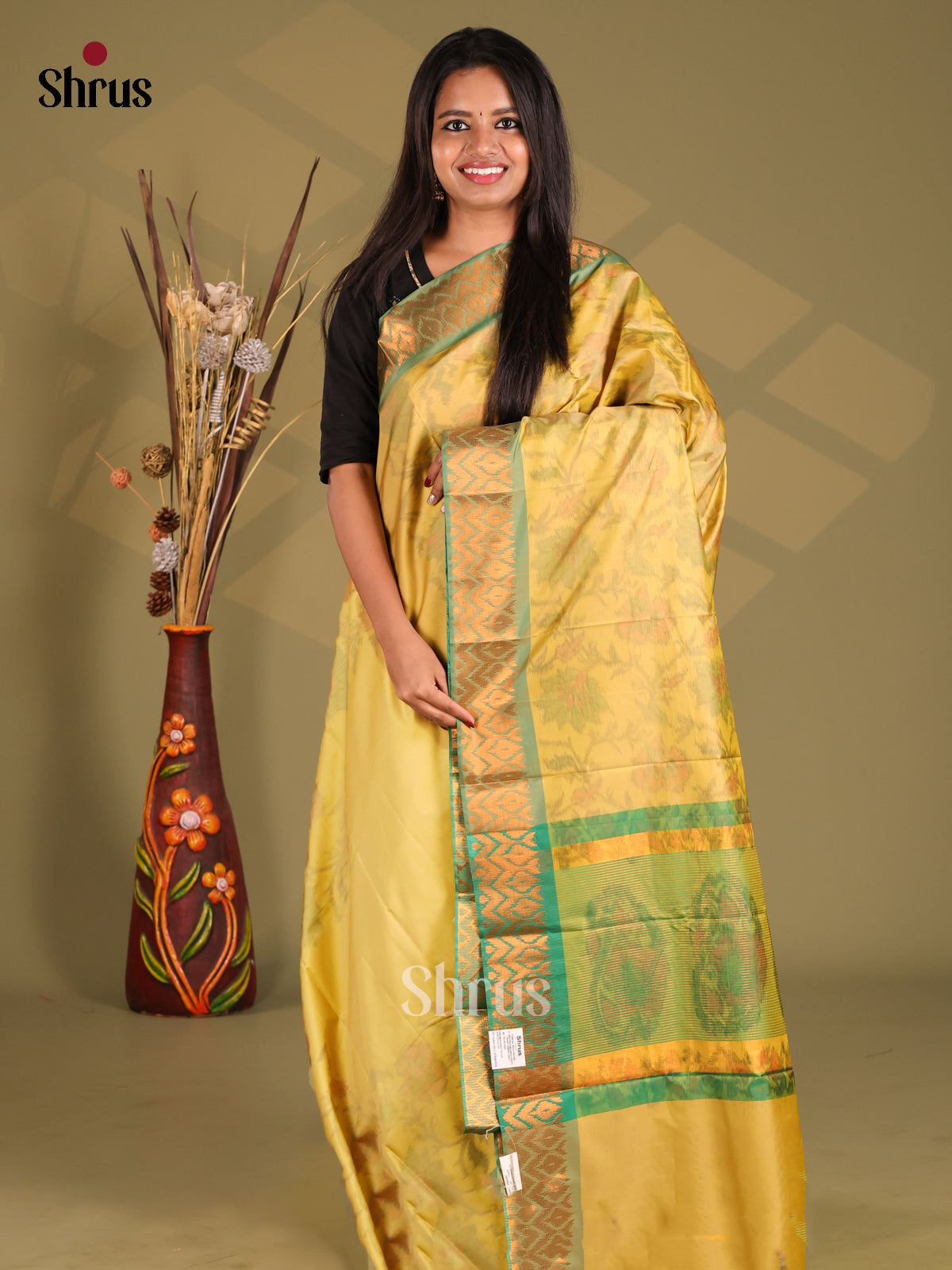 Yellow & Green - Semi Pochampally Saree - Shop on Shrus.com