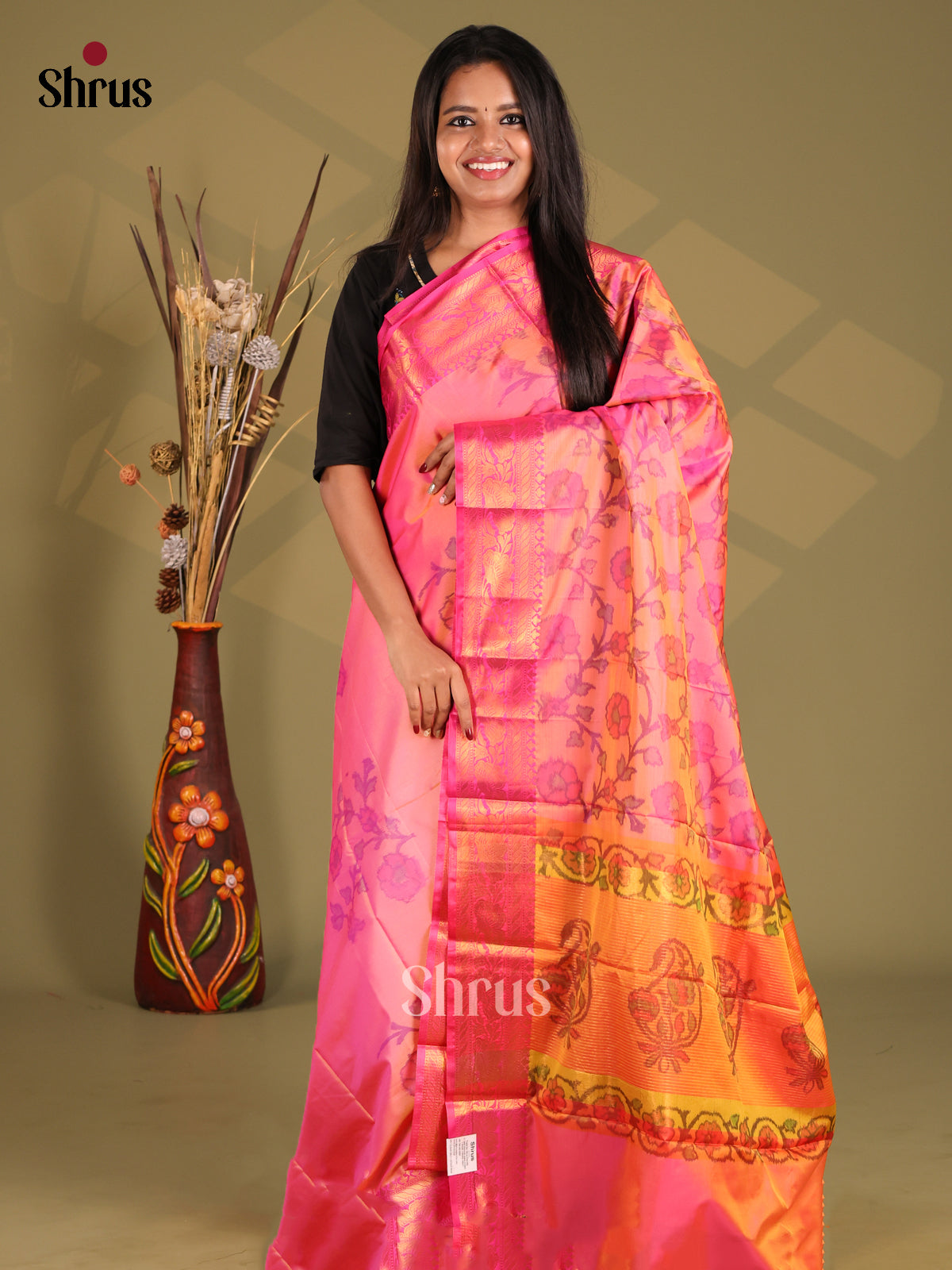 Pink & Mustard - Semi Pochampally Saree - Shop on Shrus.com