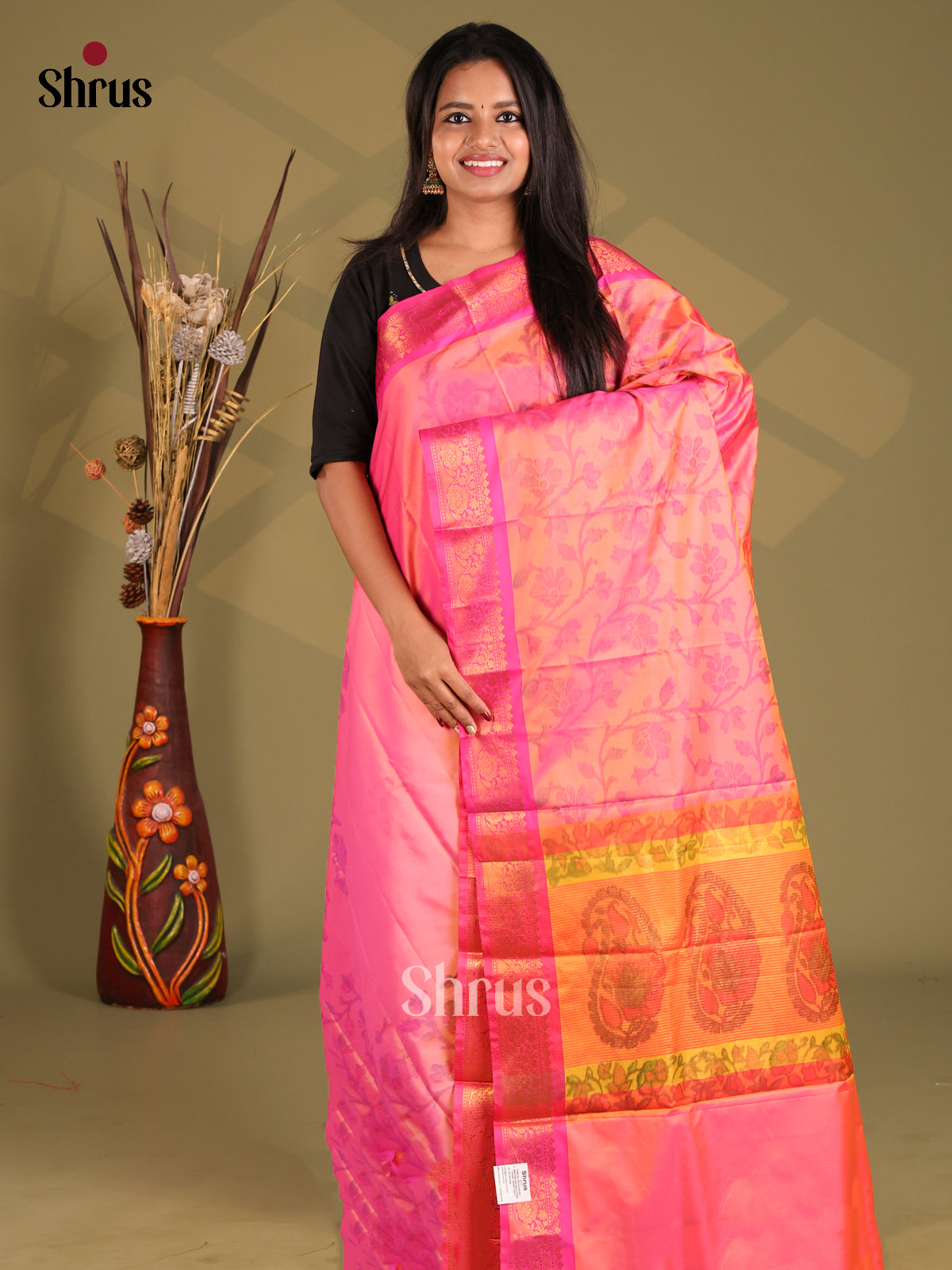 Pink & Mustard- Semi Pochampally Saree - Shop on Shrus.com