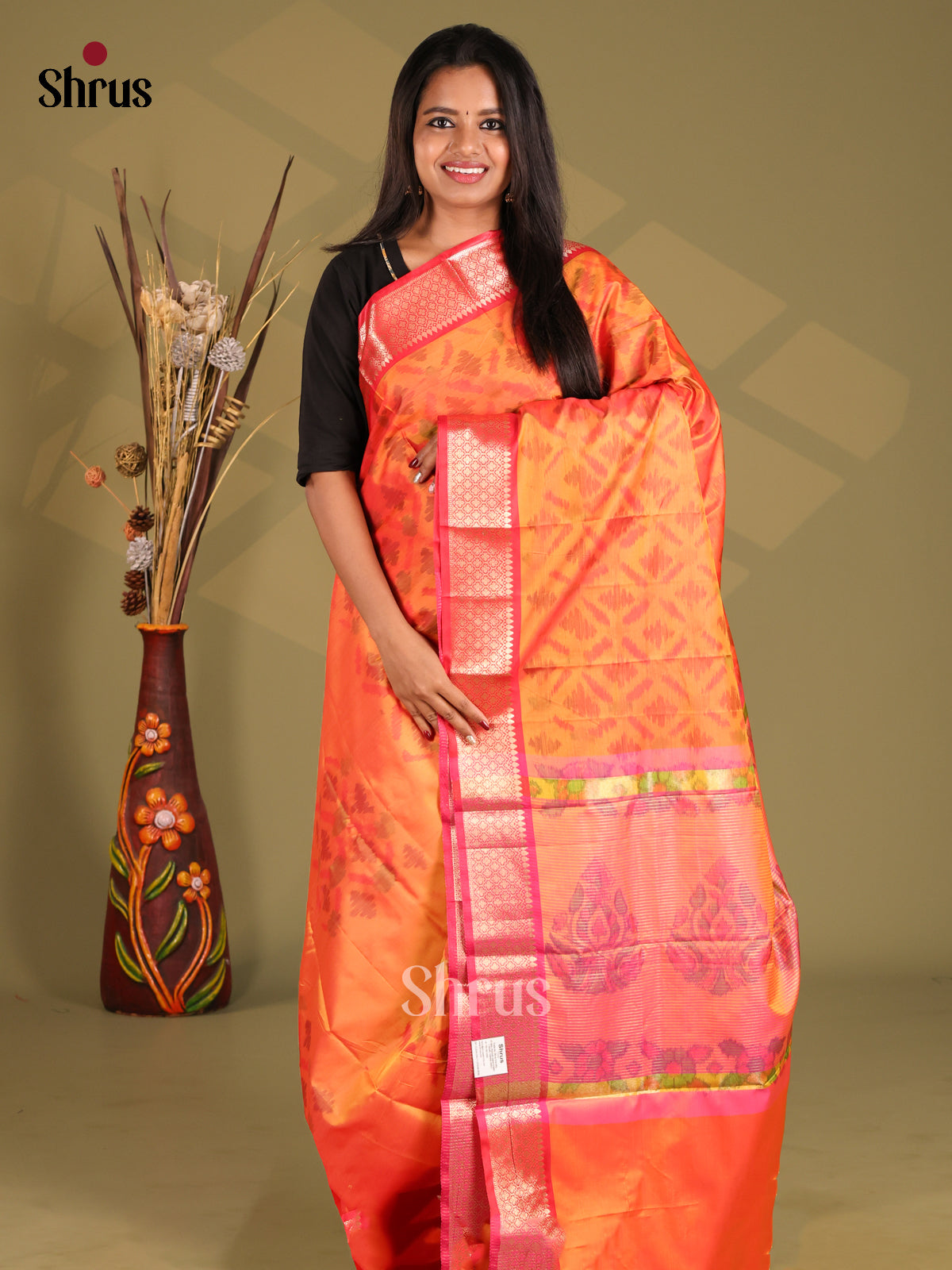 Orange & Pink - Semi Pochampally Saree - Shop on Shrus.com