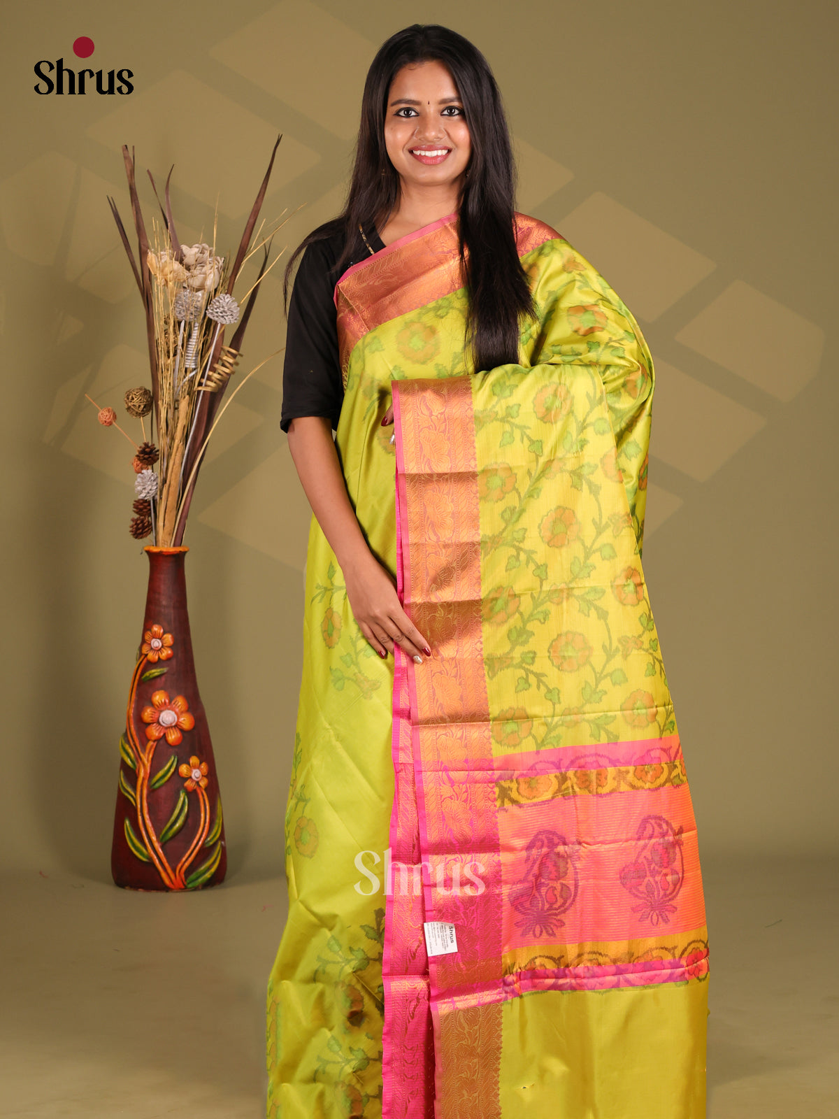 Lime Green & Pink - Semi Pochampally Saree - Shop on Shrus.com