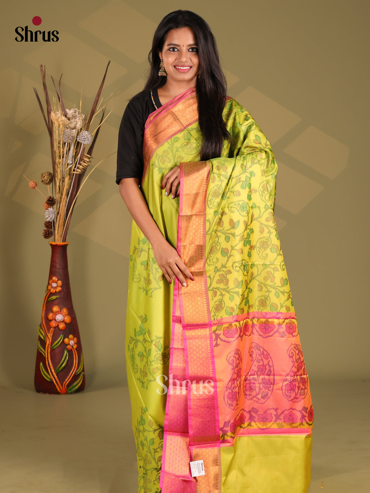 Lime Green & Pink - Semi Pochampally Saree - Shop on Shrus.com