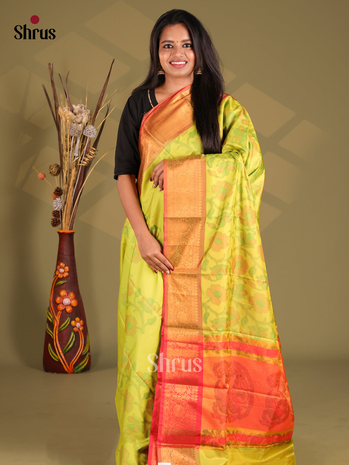 Lime Green & Orange- Semi Pochampally Saree - Shop on Shrus.com