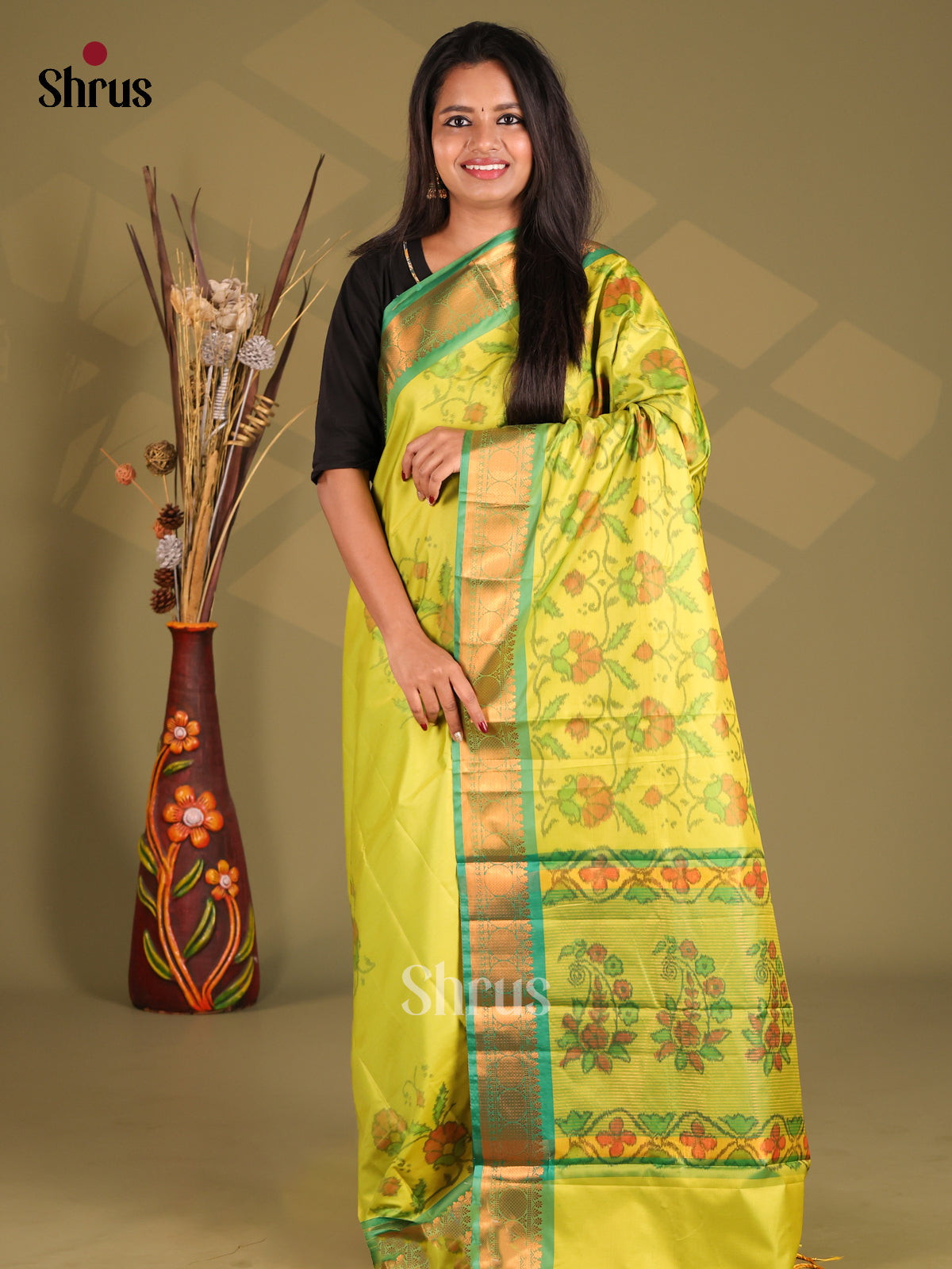 Yellow & Green - Semi Pochampally Saree - Shop on Shrus.com