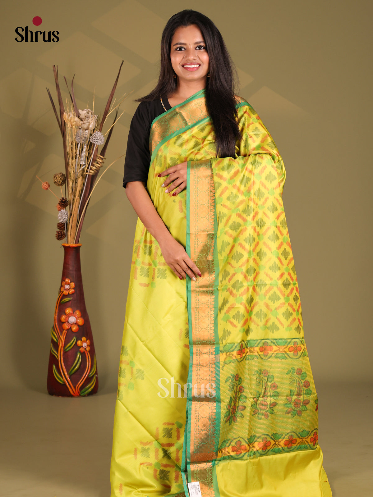 Yellow & Light Green - Semi Pochampally Saree - Shop on Shrus.com