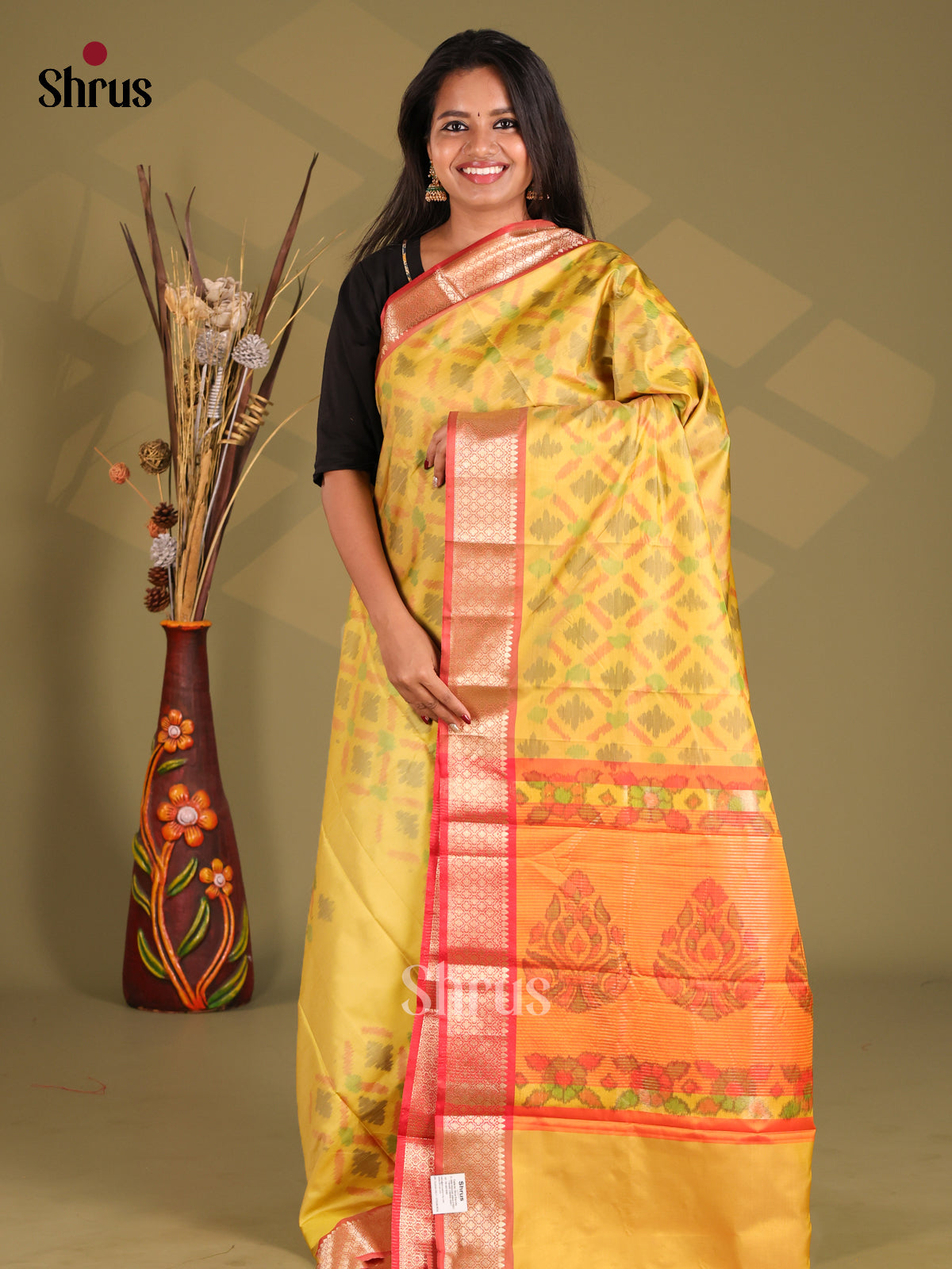 Yellow & Orange- Semi Pochampally Saree - Shop on Shrus.com