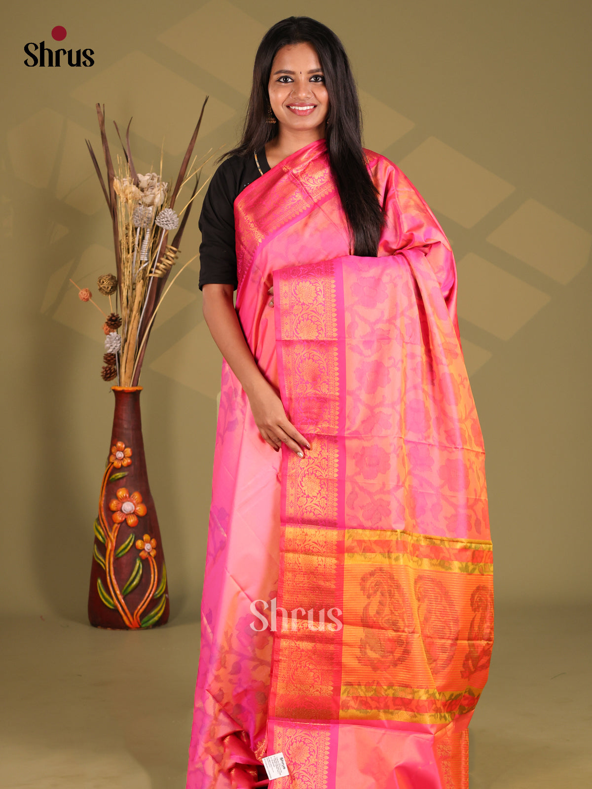 Pink & Orange - Semi Pochampally Saree - Shop on Shrus.com