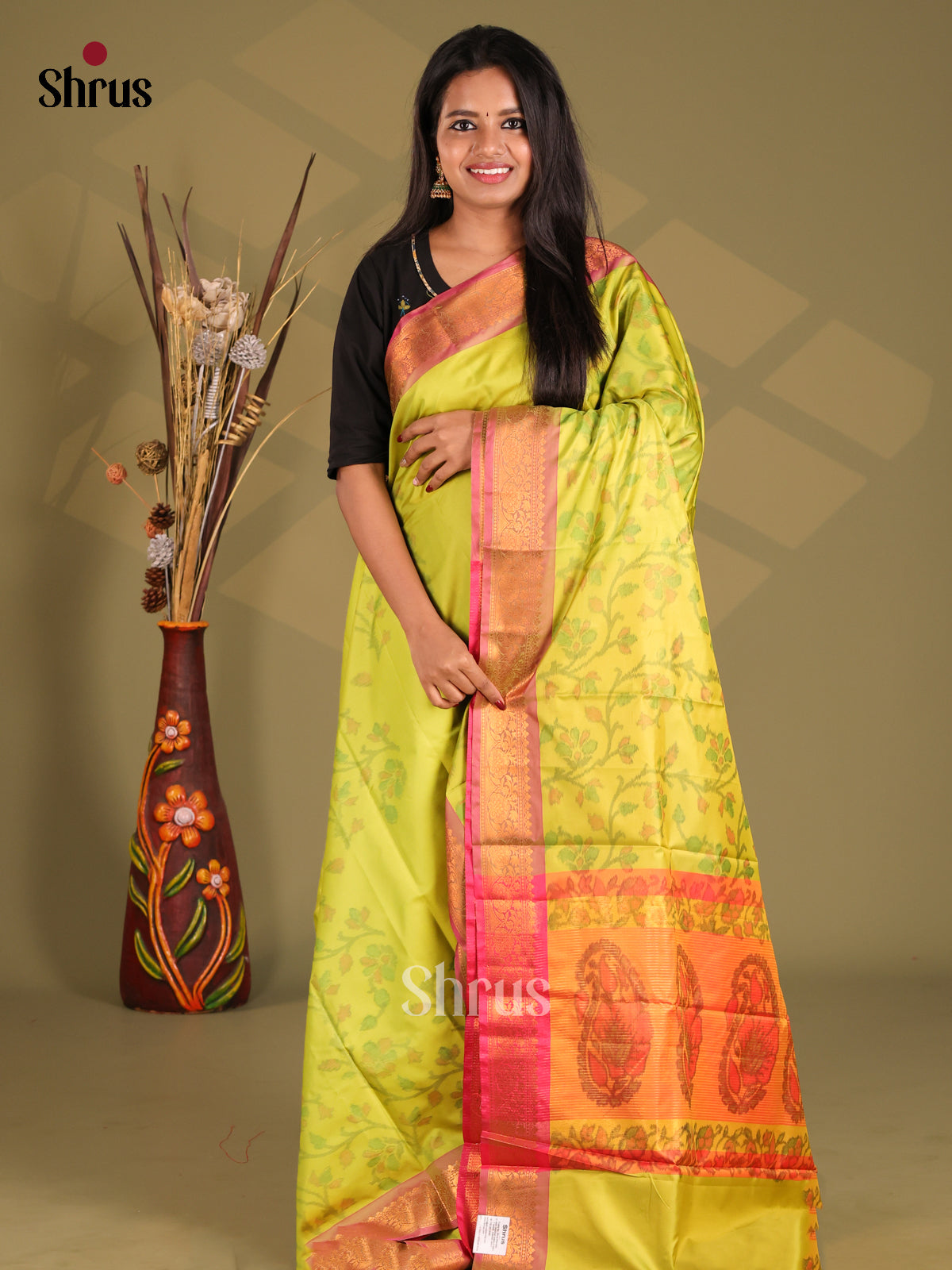 Light Green & Pink- Semi Pochampally Saree - Shop on Shrus.com