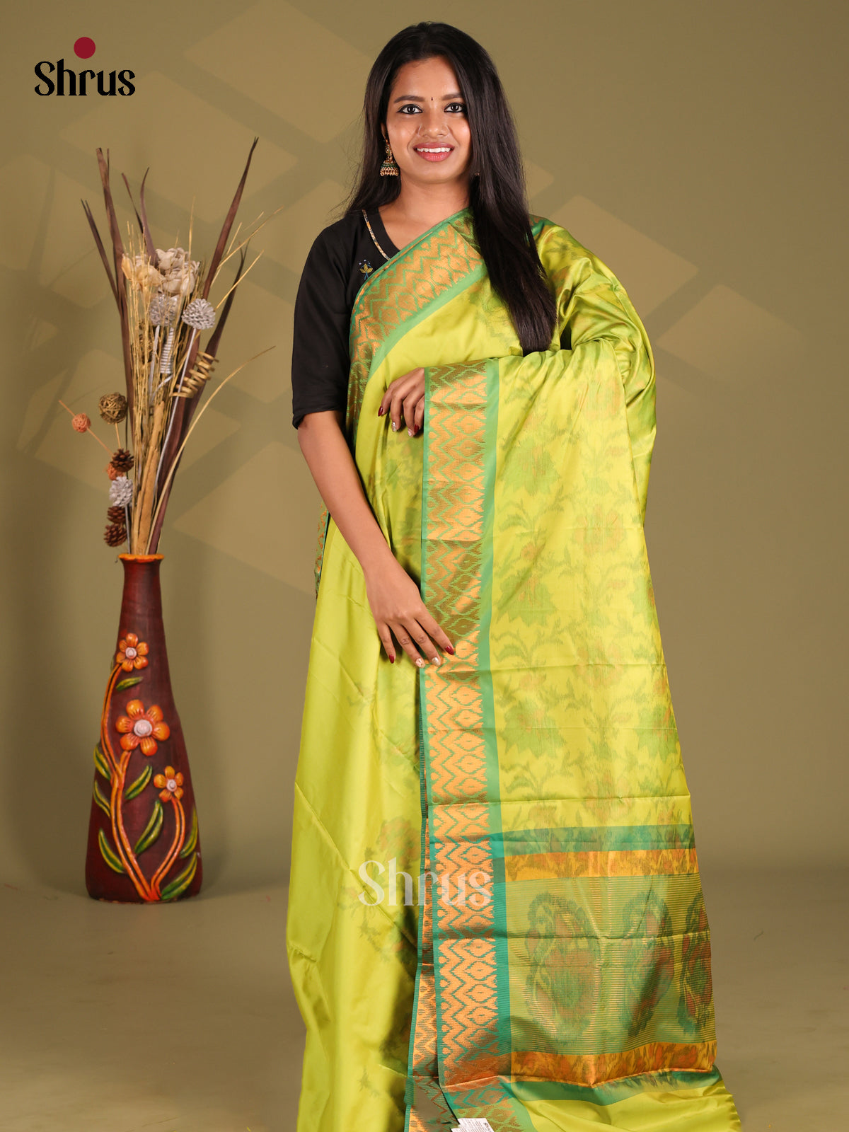 Light Green & Green - Semi Pochampally Saree - Shop on Shrus.com