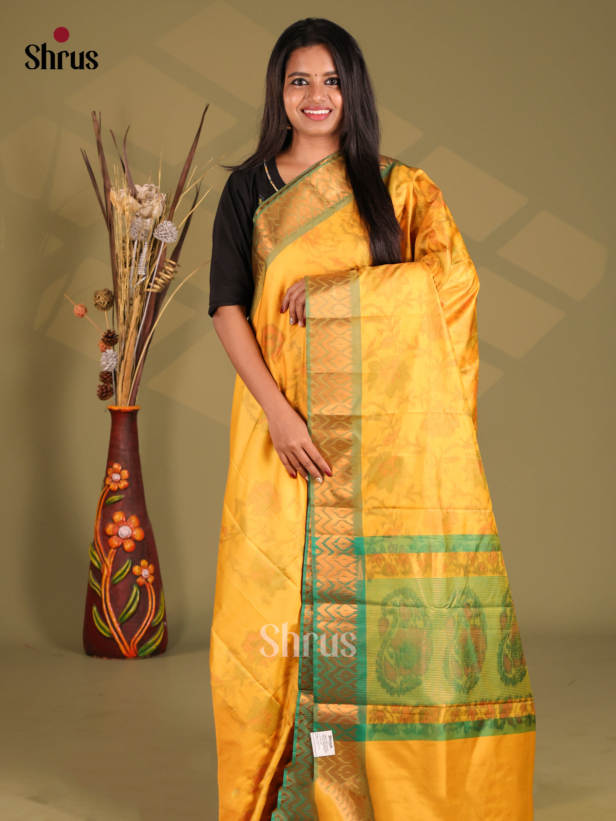 Yellow & Green - Semi Pochampally Saree - Shop on Shrus.com