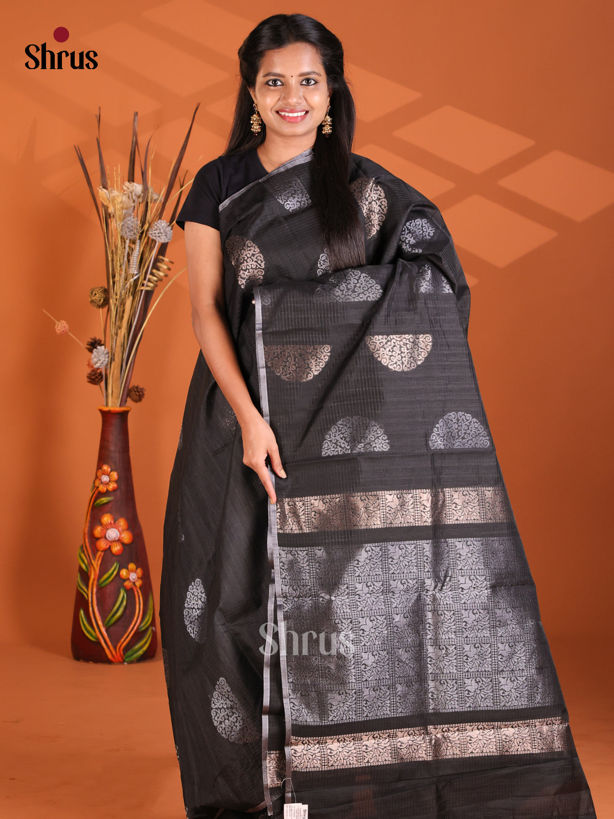 Black - Semi Rawsilk Saree - Shop on Shrus.com