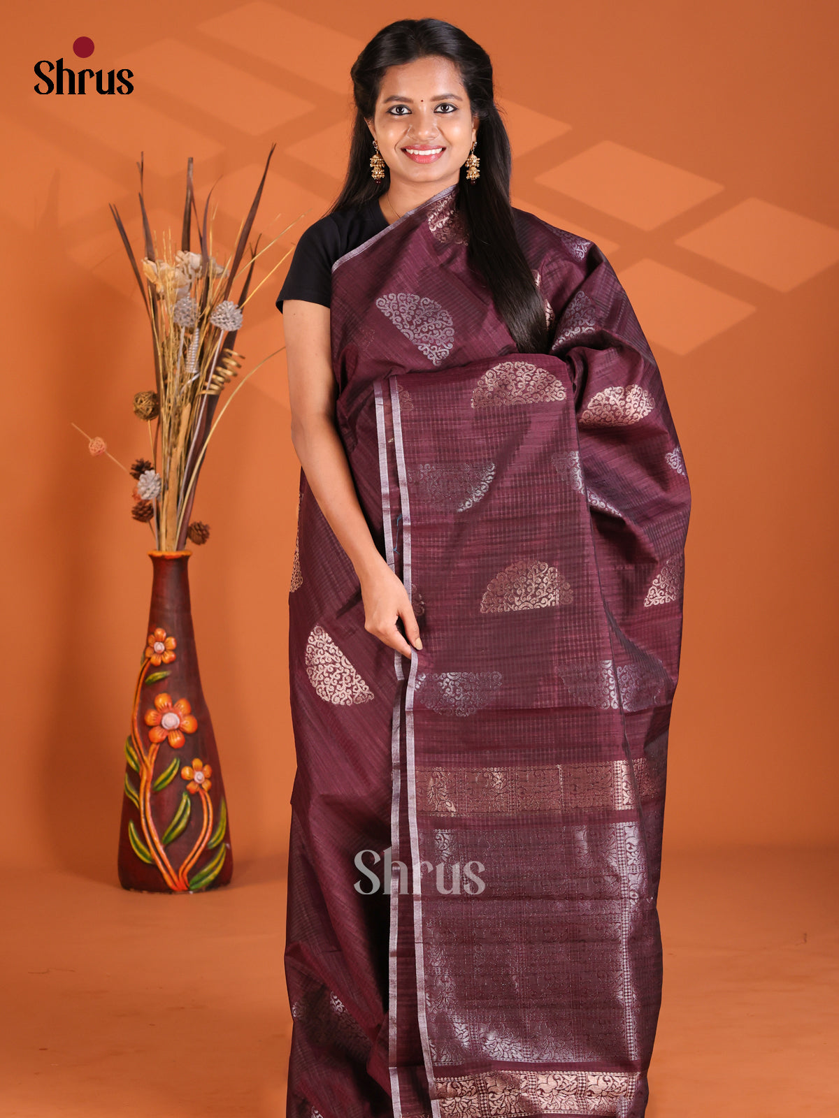 Maroon - Semi Rawsilk Saree - Shop on Shrus.com