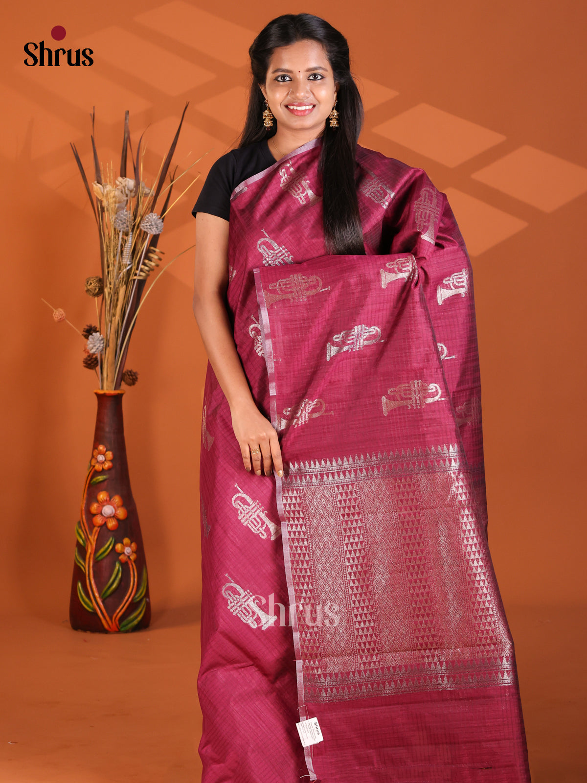 Maroon- Semi Rawsilk Saree - Shop on Shrus.com