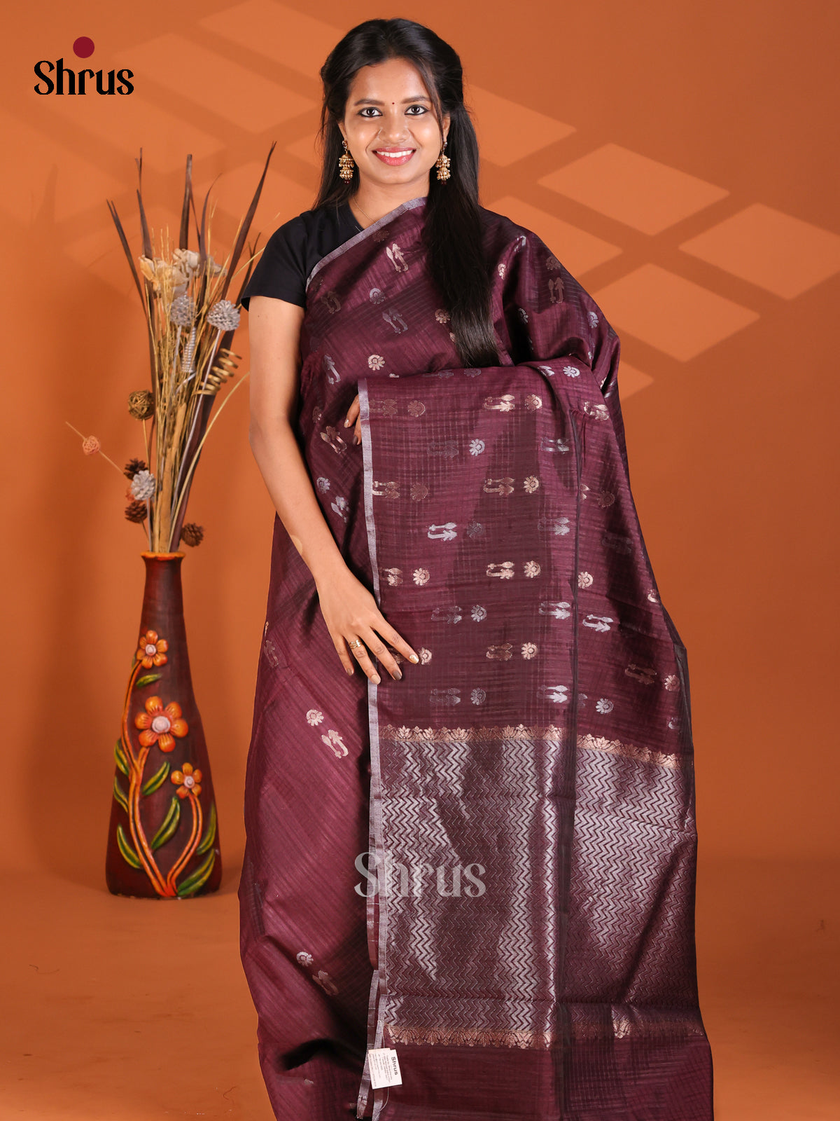 Maroon- Semi Rawsilk Saree - Shop on Shrus.com