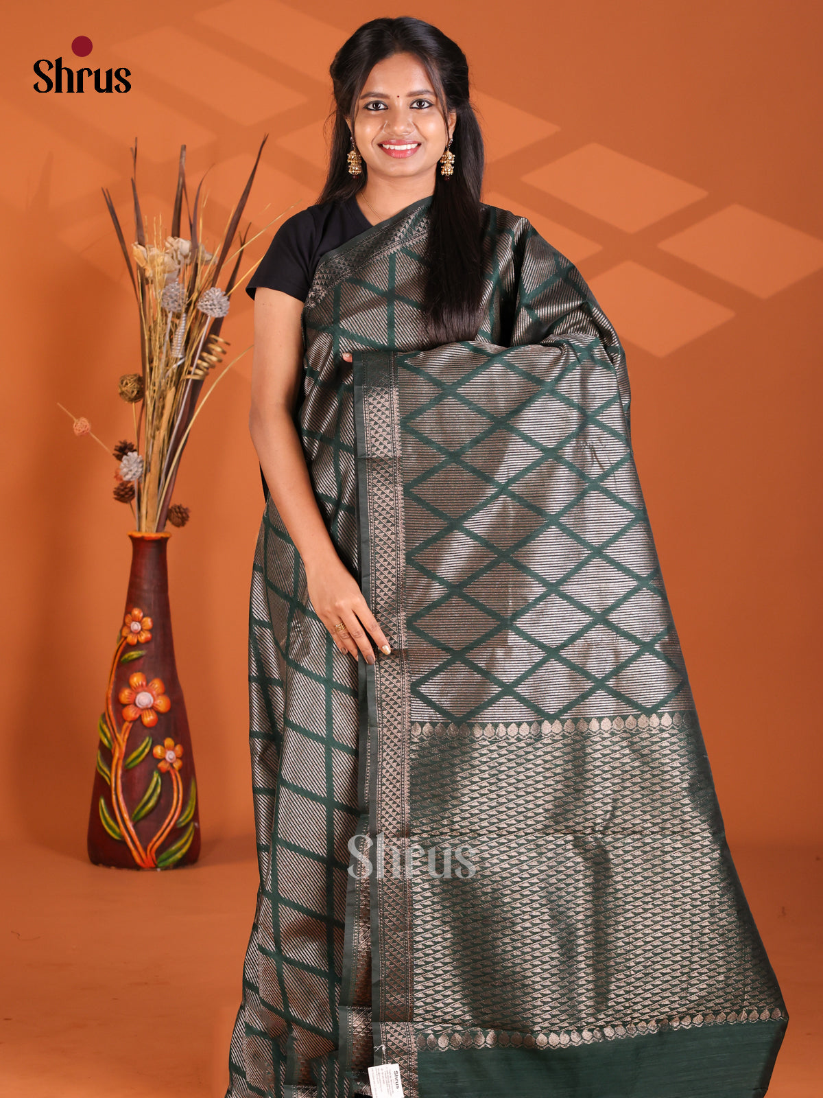 Dark Green - Semi Rawsilk Saree - Shop on Shrus.com
