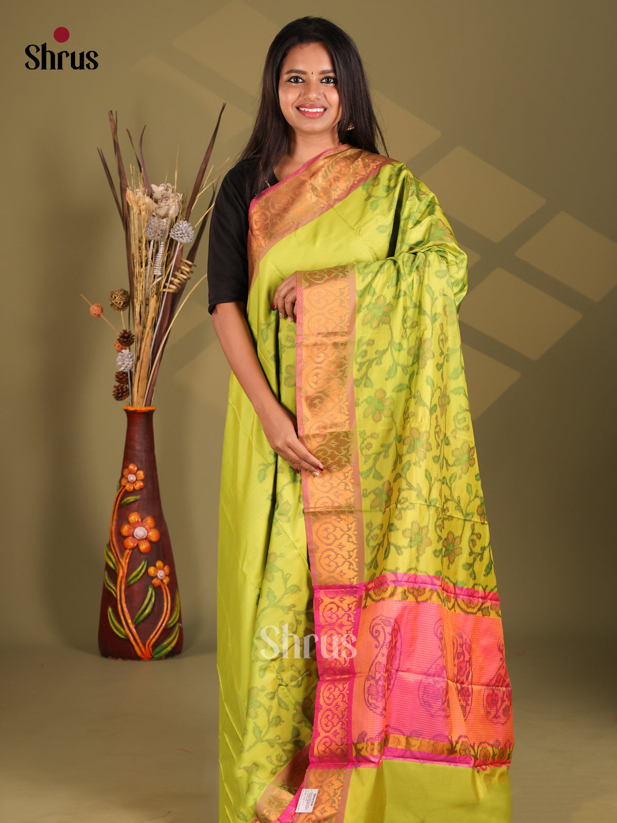 Green & Pink - Semi Pochampally Saree - Shop on Shrus.com