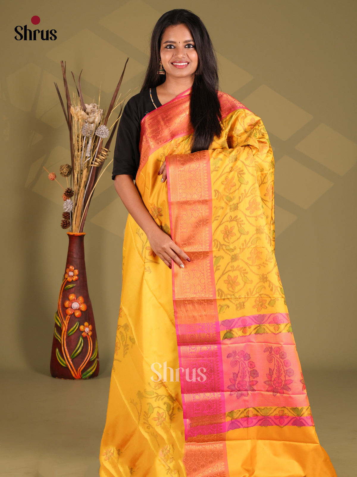 Yellow & Pink - Semi Pochampally Saree - Shop on Shrus.com