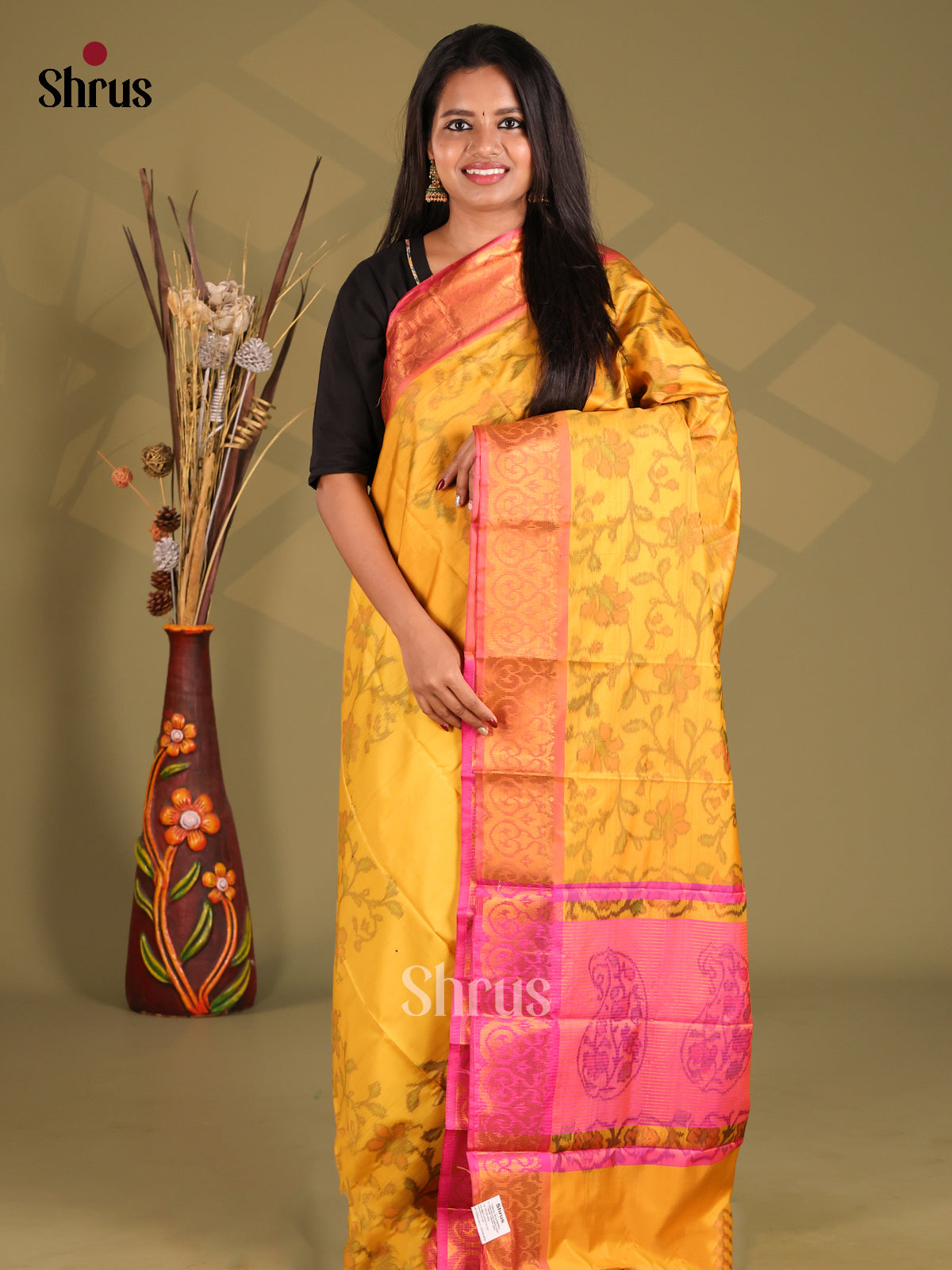 Yellow & Pink - Semi Pochampally Saree - Shop on Shrus.com