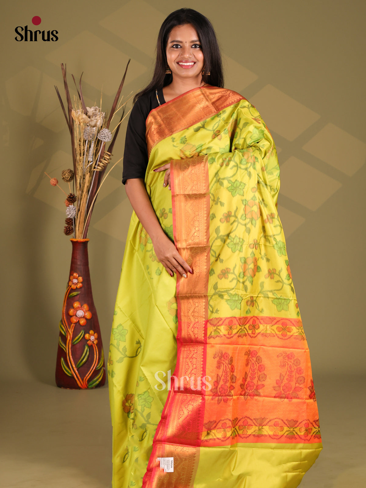 Light Green & Orange - Semi Pochampally Saree - Shop on Shrus.com