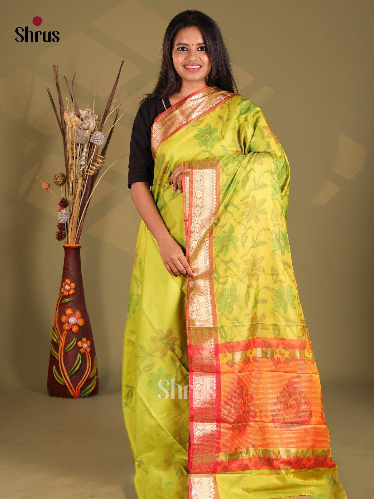 Light Green & Orange - Semi Pochampally Saree - Shop on Shrus.com