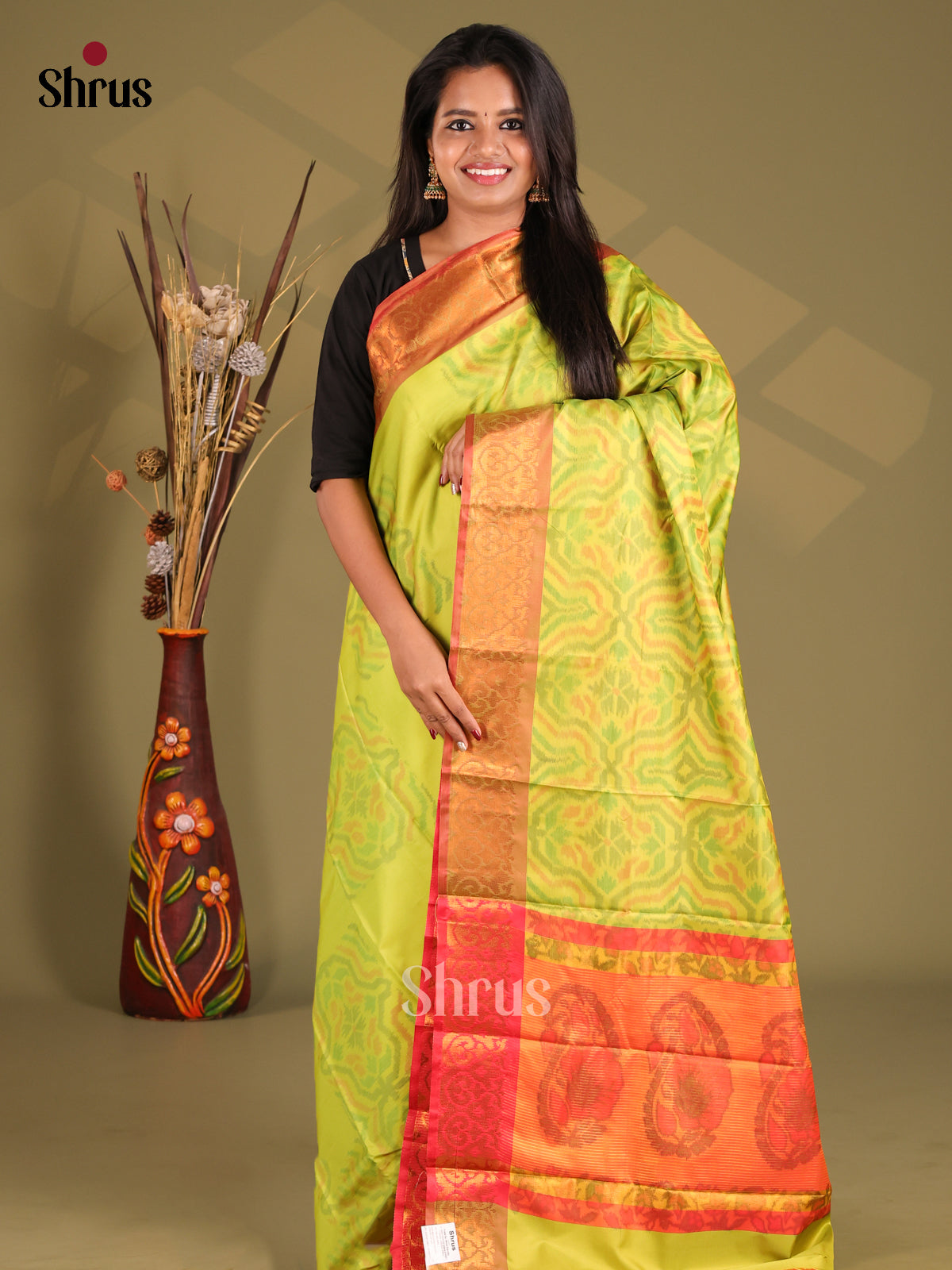Lime green & Orange - Semi Pochampally Saree - Shop on Shrus.com