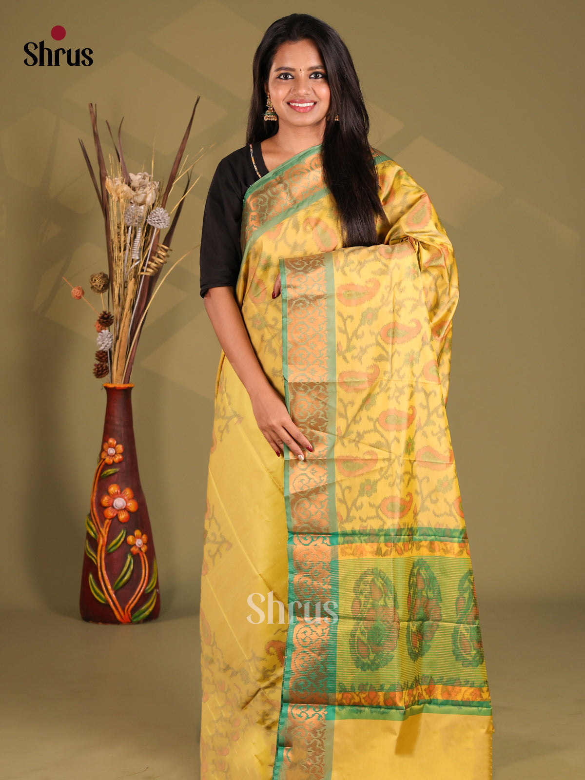 Yellow & Green - Semi Pochampally Saree - Shop on Shrus.com