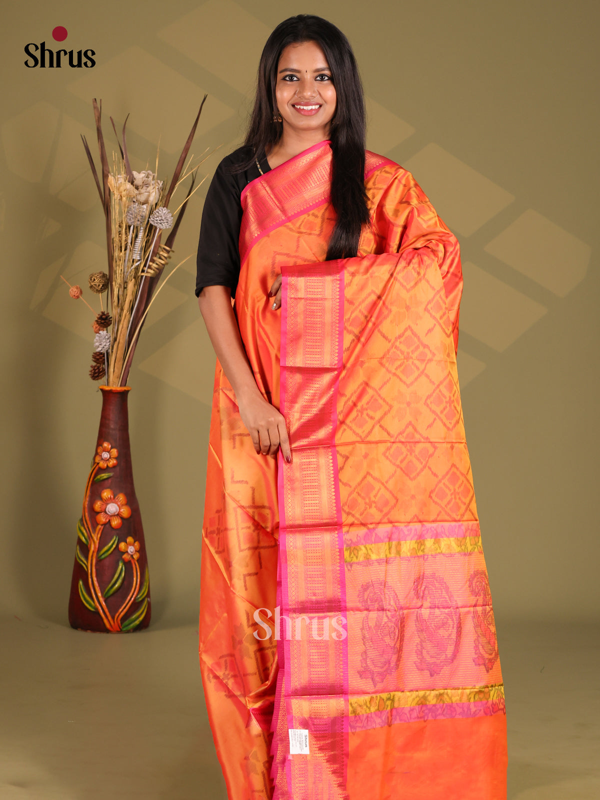 Orange & Pink - Semi Pochampally Saree - Shop on Shrus.com