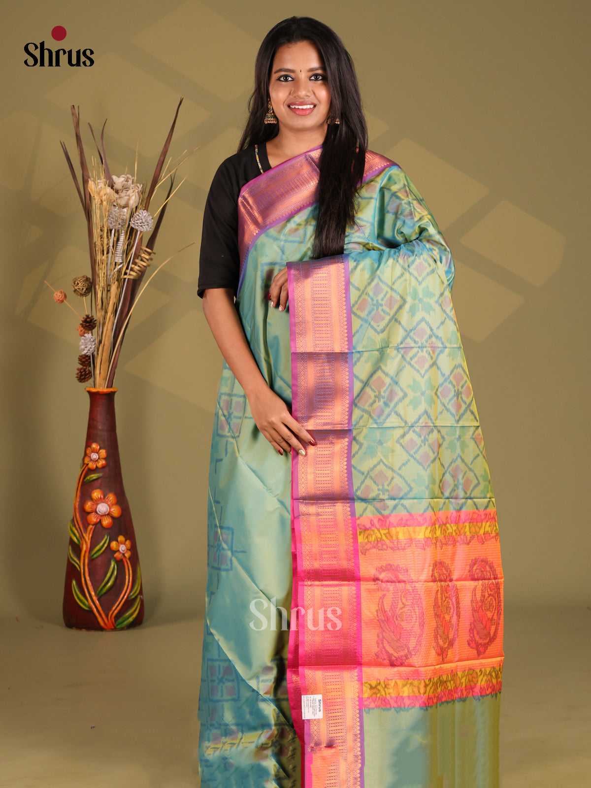 Blue & Orange - Semi Pochampally Saree