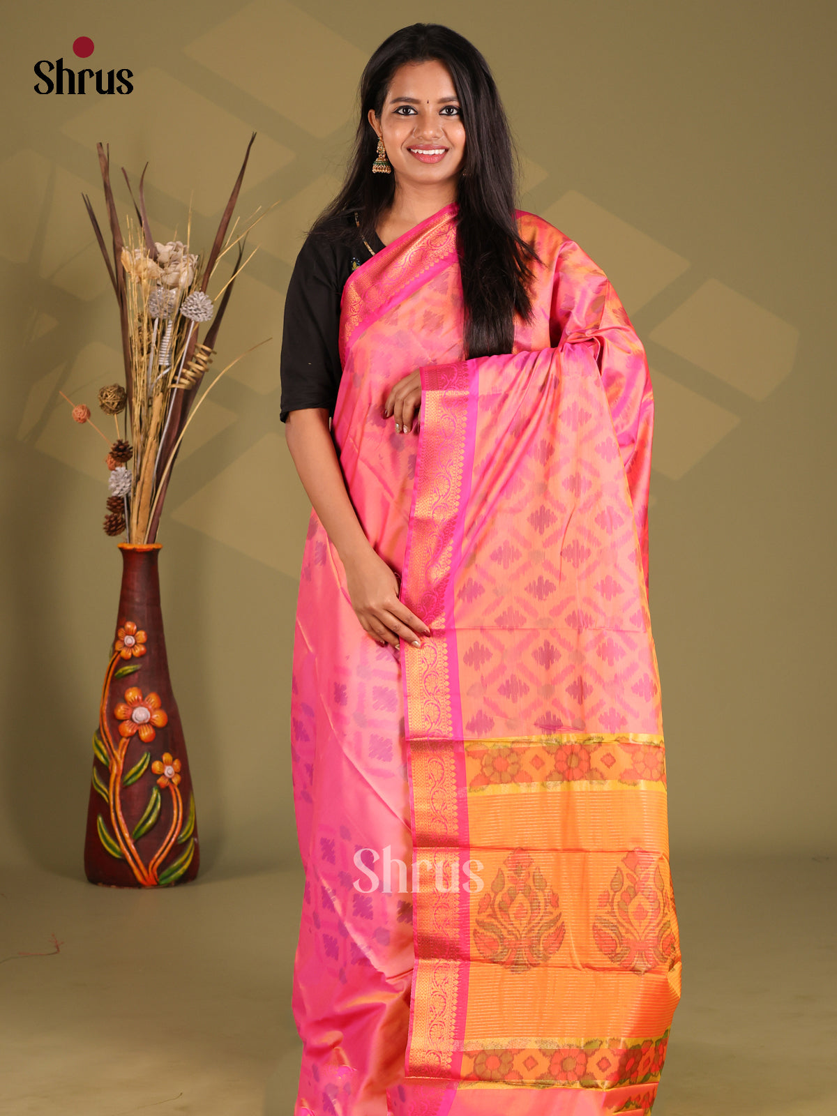Pink & Orange - Semi Pochampally Saree - Shop on Shrus.com